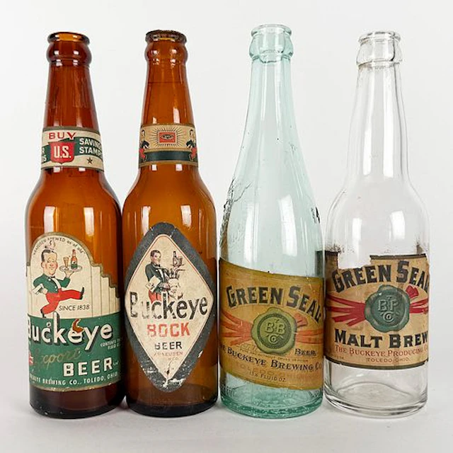Four Buckeye Labeled Bottles: Green Seal, Malt Brew & Bock TOLEDO OHIO