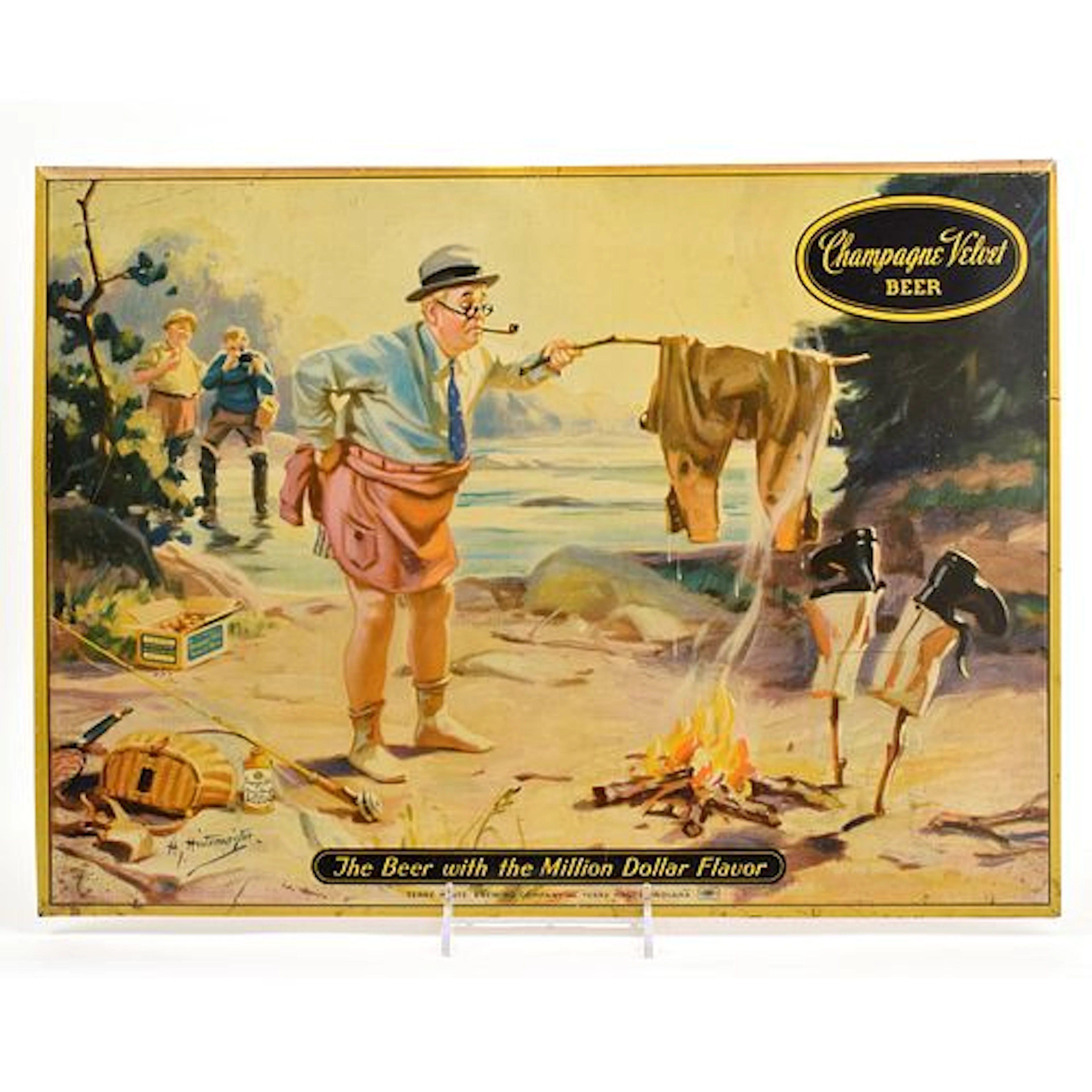 Champagne Velvet 1940s Humorous Fishing Series Tin-Over-Cardboard Sign FELL IN