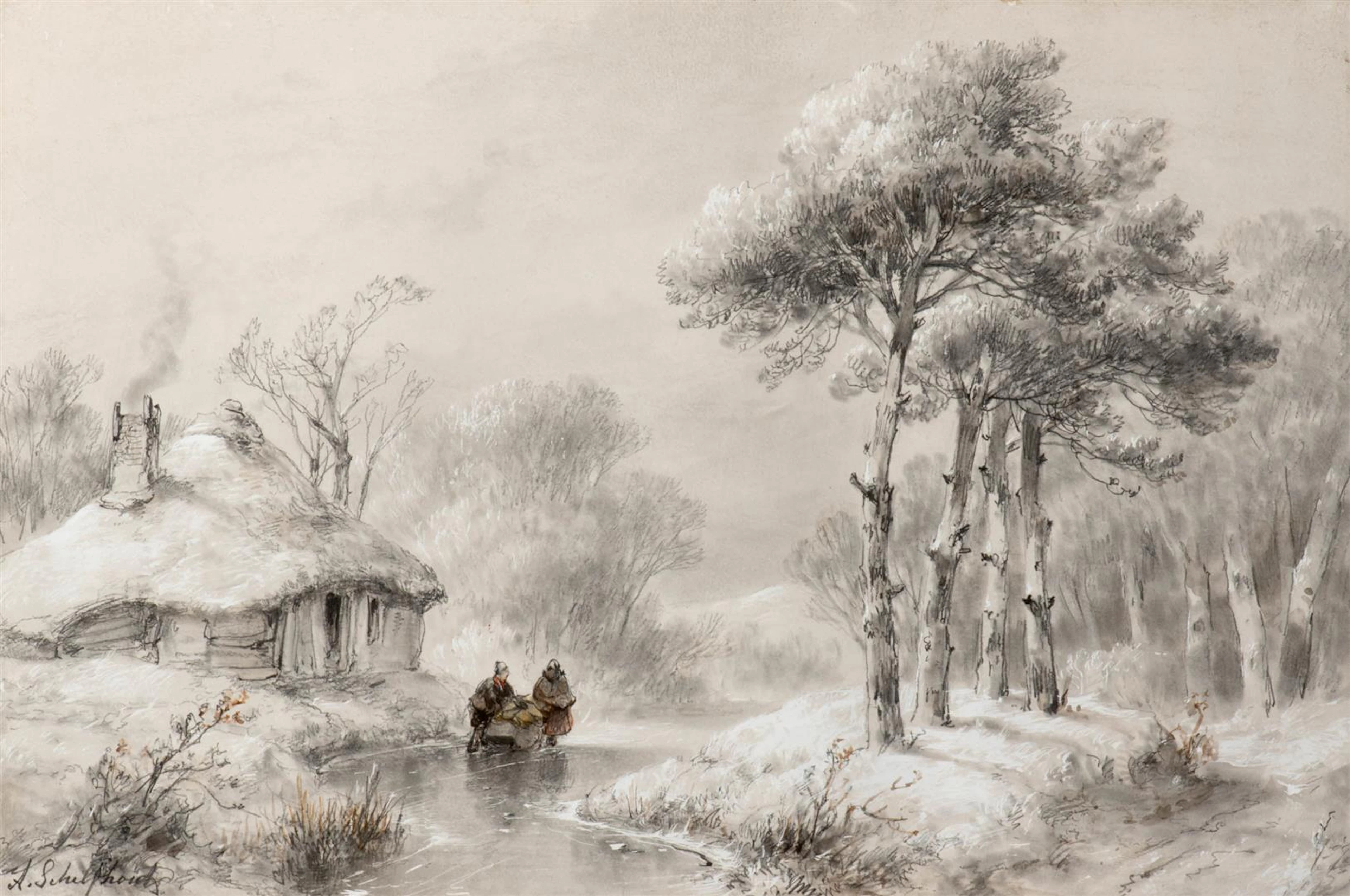 Andreas Schelfhout (The Hague 1787 - 1870) Wooded winter...