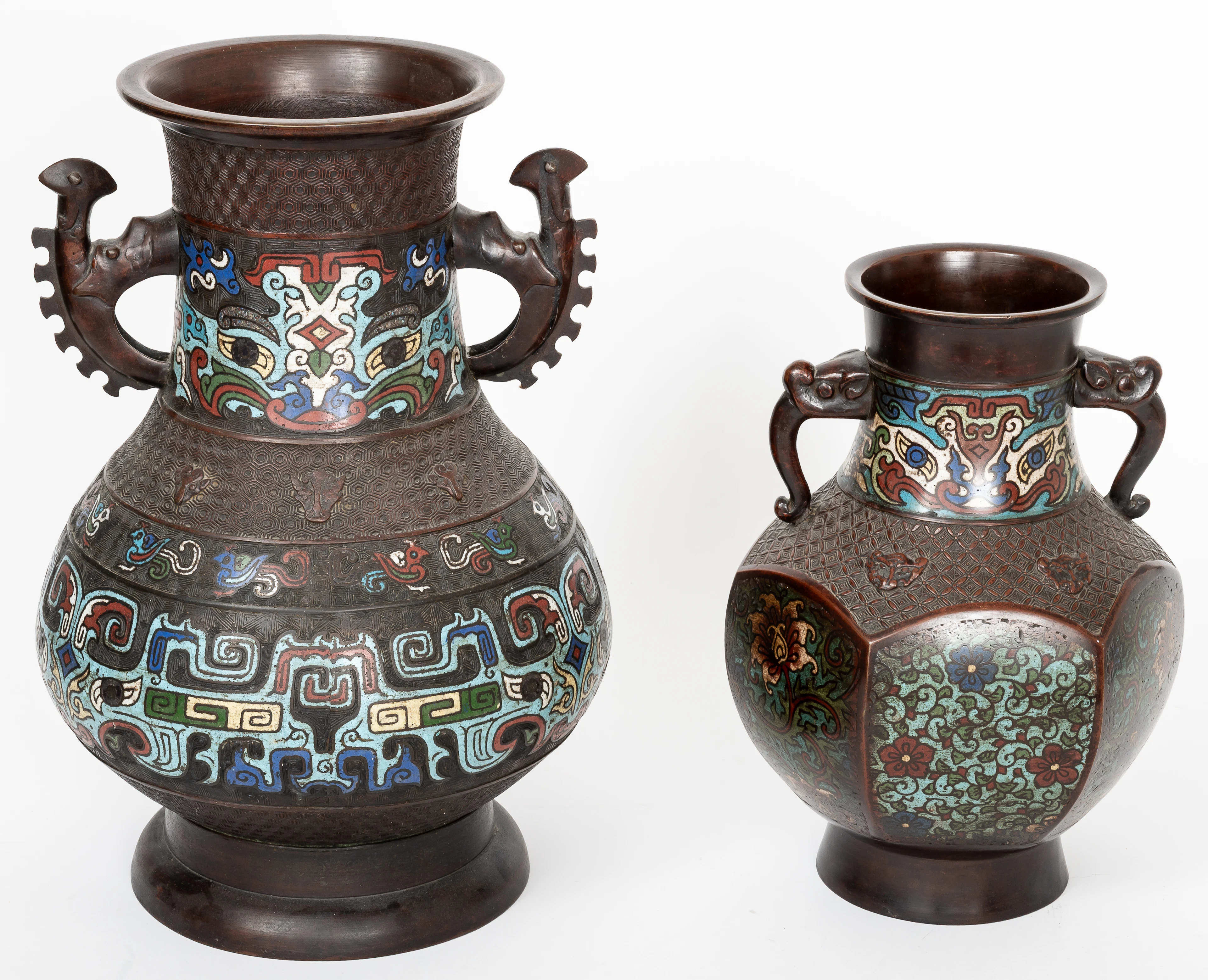 Lot 13: 2 ENAMELLED BRONZE VASES