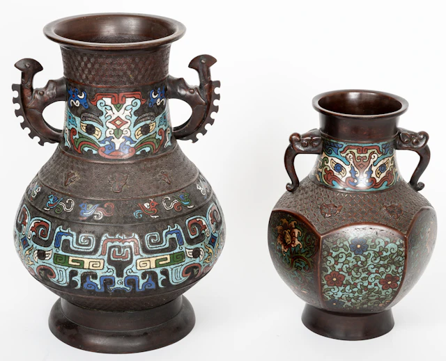 Lot 13: 2 ENAMELLED BRONZE VASES