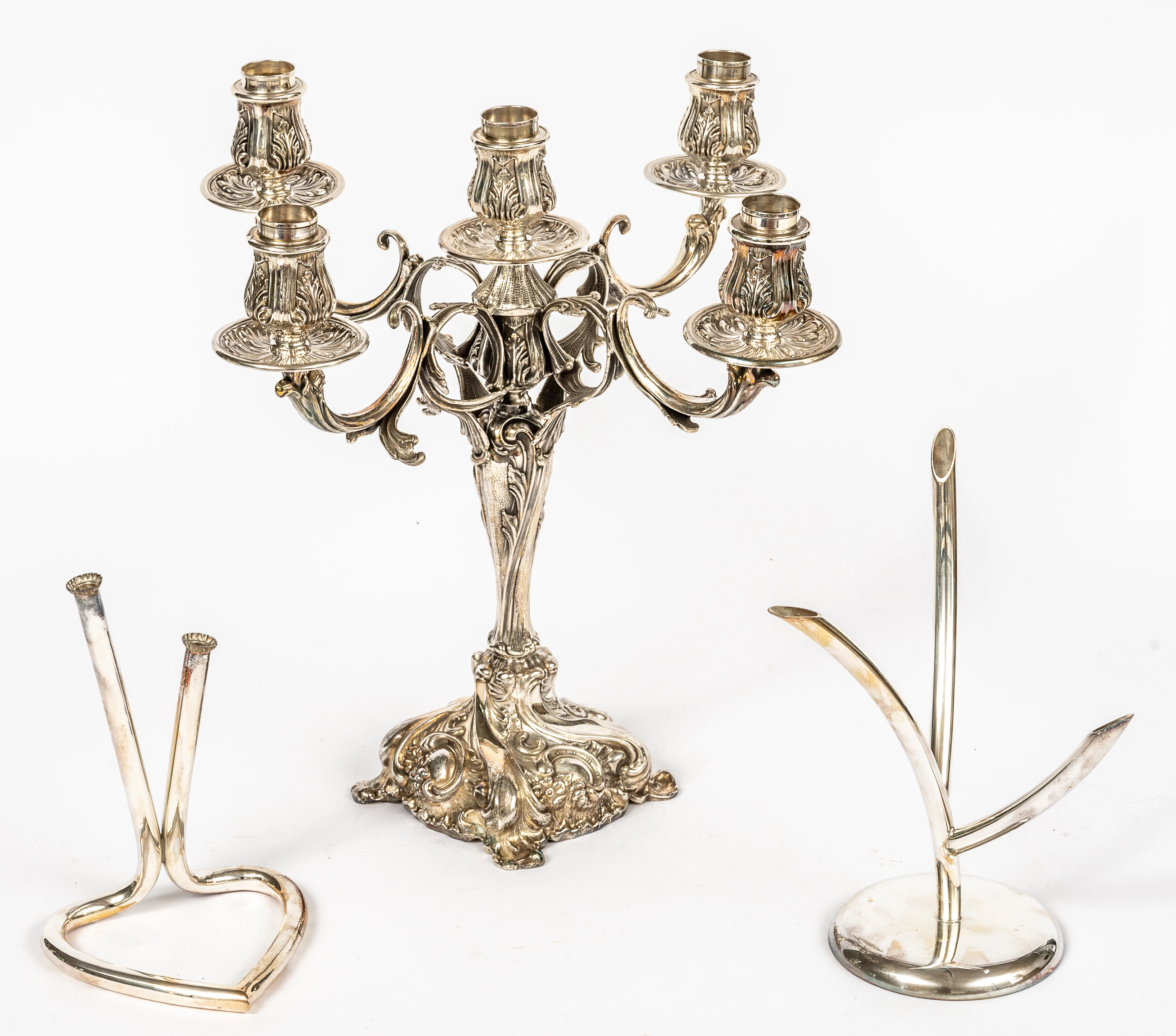 Lot 282: PERUVIAN CAMUSSO FIVE-LIGHT CANDELABRA AND 2 MODERN STANDS