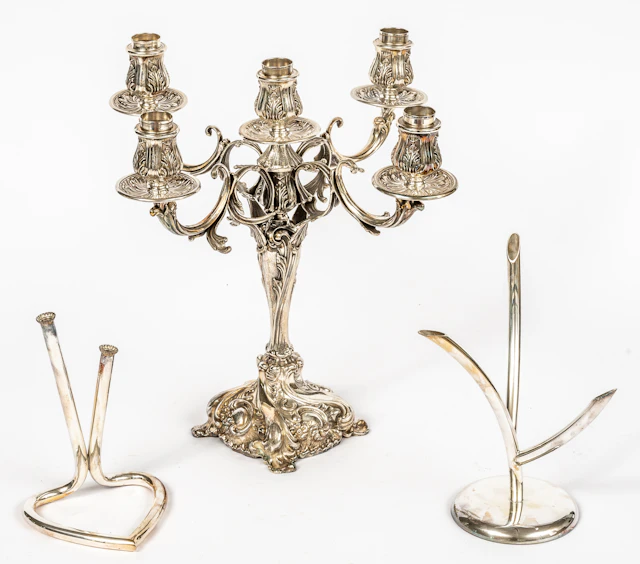 Lot 282: PERUVIAN CAMUSSO FIVE-LIGHT CANDELABRA AND 2 MODERN STANDS