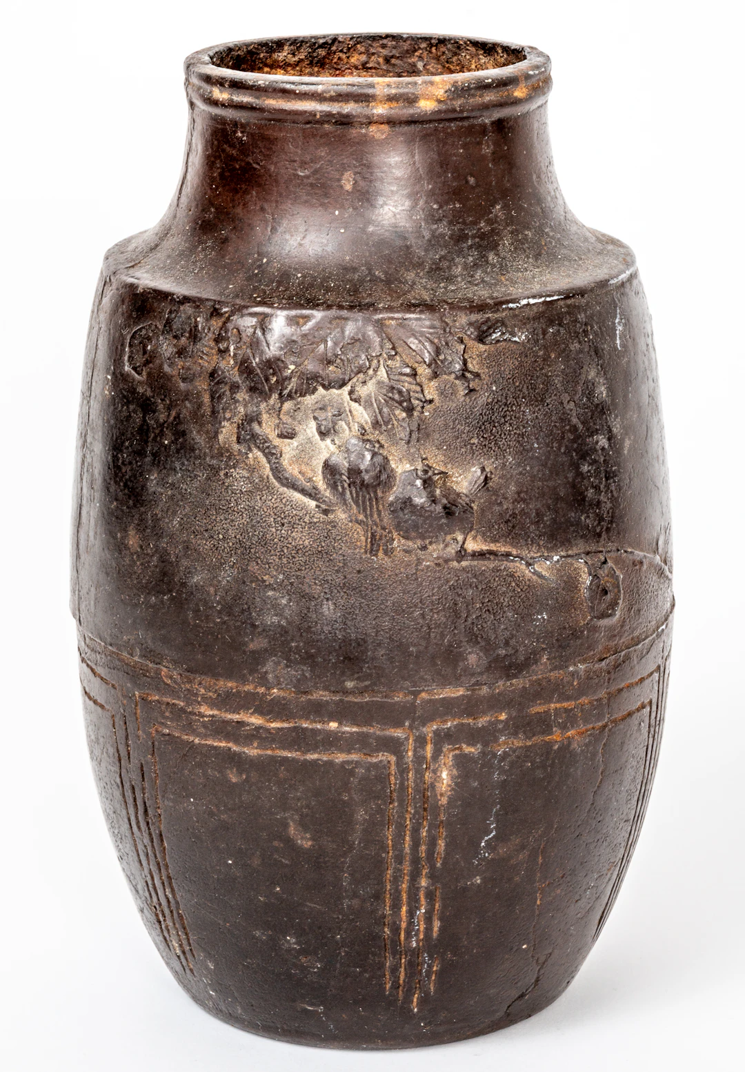 Lot 16: BRONZE VASE WITH LEAF DECOR AND SIGNATURE