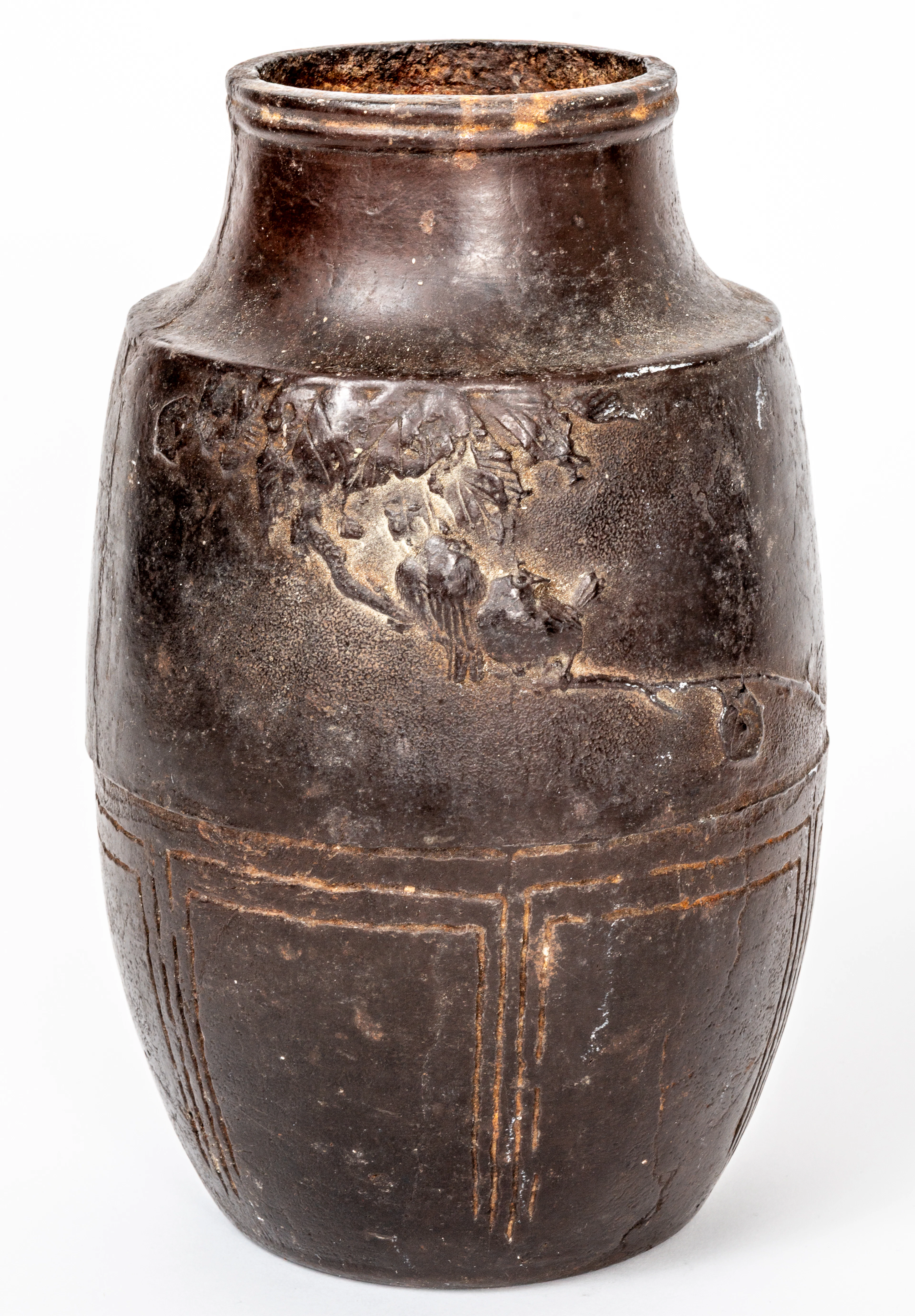 Lot 16: BRONZE VASE WITH LEAF DECOR AND SIGNATURE