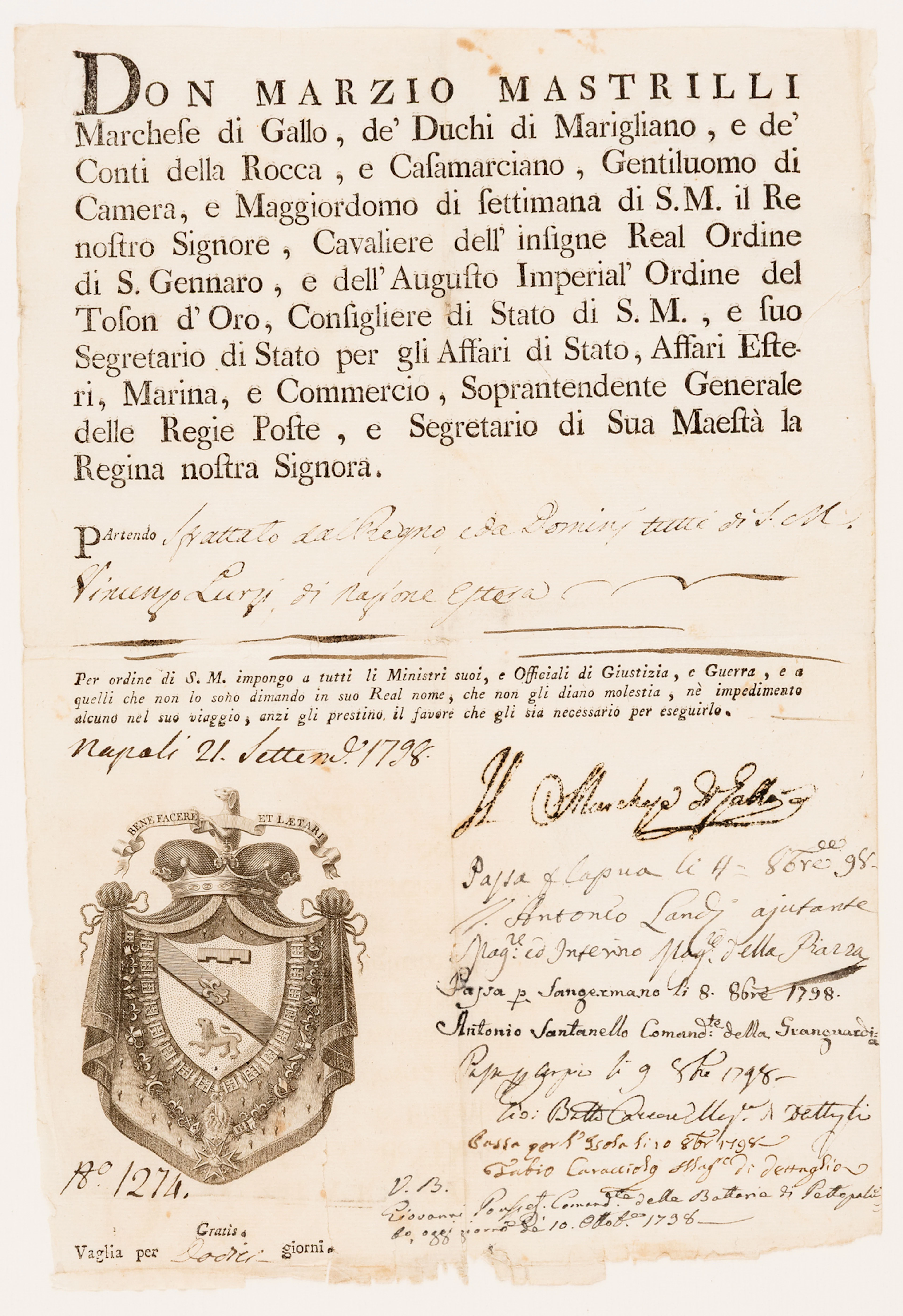 Lot 407: TRAVEL LETTER BY DON MARZIO MASTRILLI