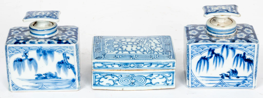 Lot 36: 3 BLUE AND WHITE PORCELAIN CANS