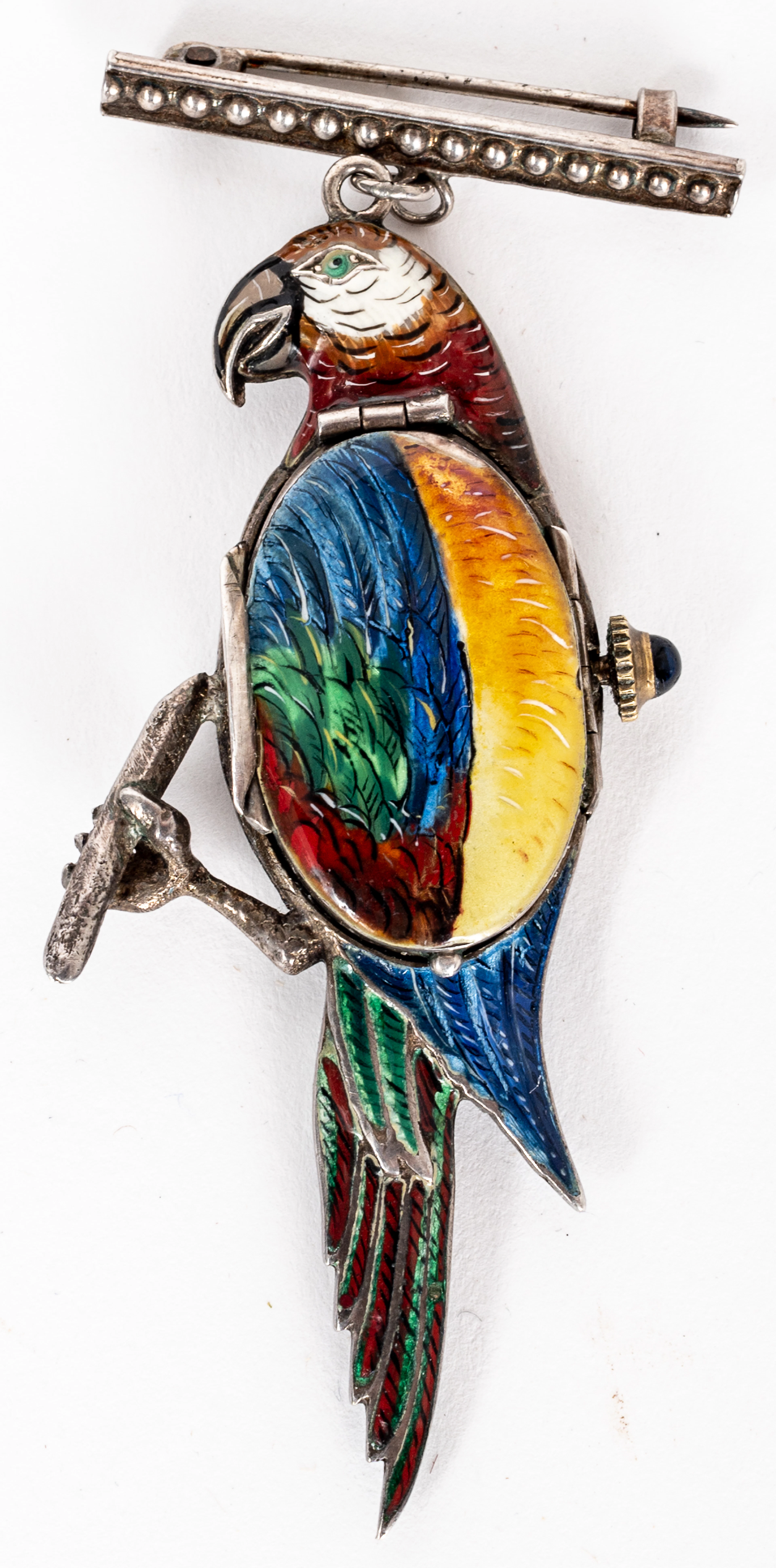 Lot 250: BROOCH AND POCKET WATCH IN THE SHAPE OF A COLORFUL PARROT