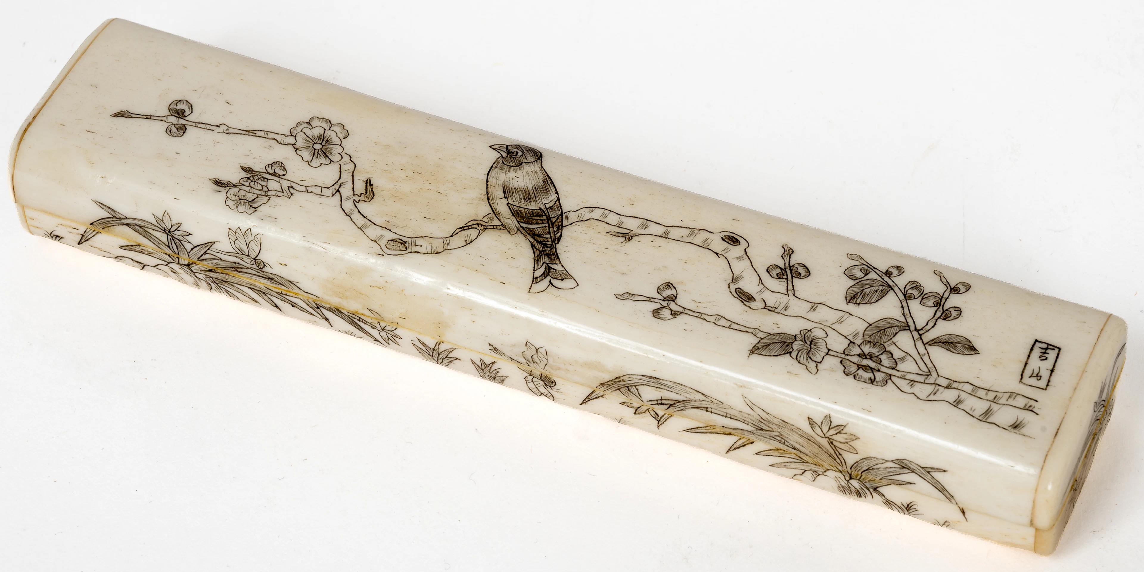 Lot 63: ELONGATED JAPANESE CASE WITH PLANT AND BIRD DECOR