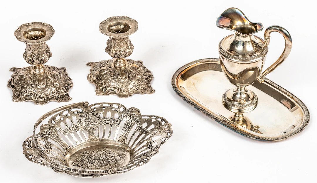 Lot 276: 2 CANDLESTICKS, 1 SMALL PITCHER, 1 TRAY, 1 HANDLED BOWL