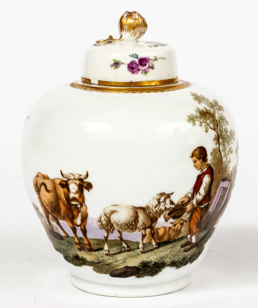 Lot 148: (99) MEISSEN TEA CADDY WITH LID SHOWING RURAL SCENES