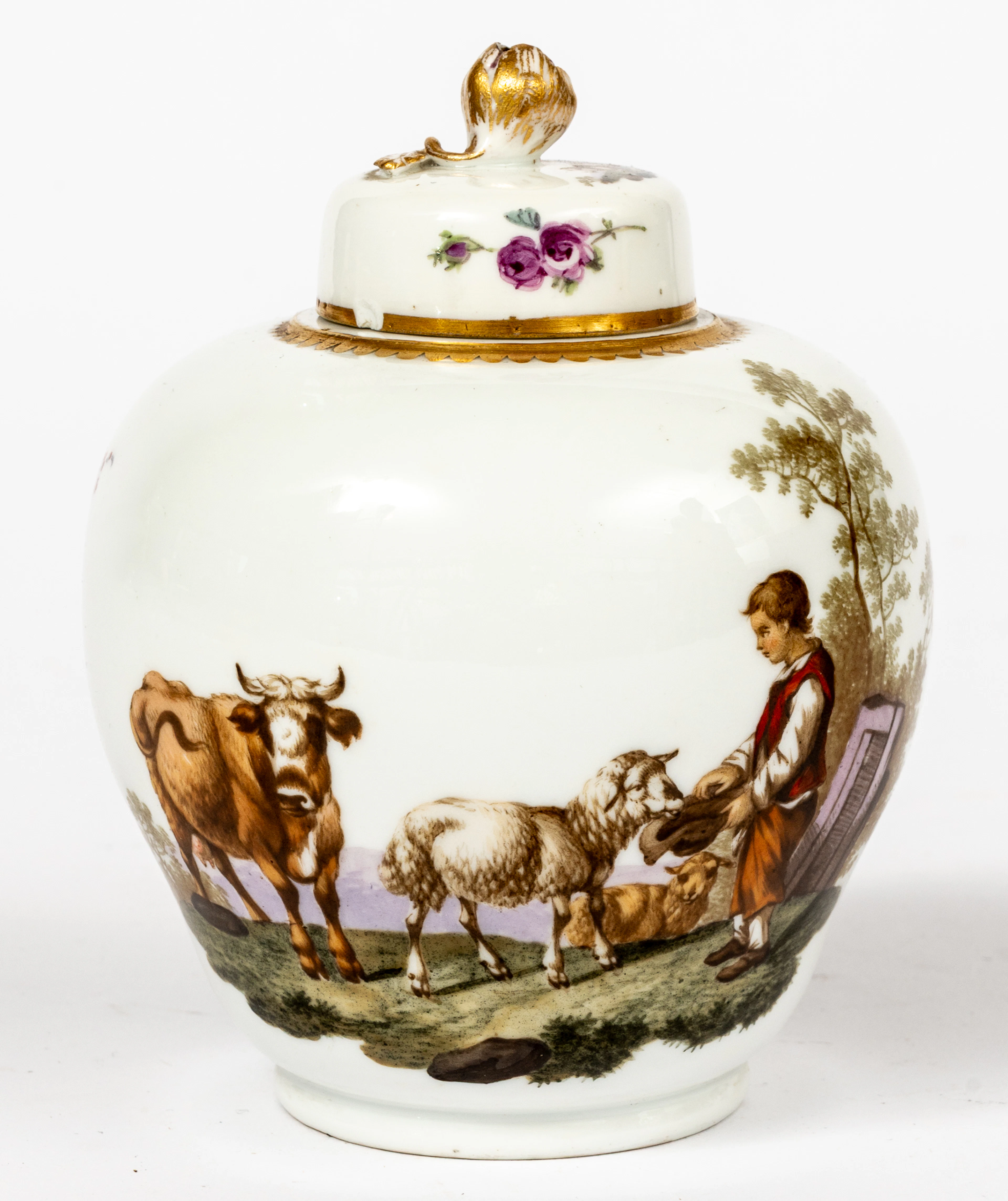 Lot 148: (99) MEISSEN TEA CADDY WITH LID SHOWING RURAL SCENES