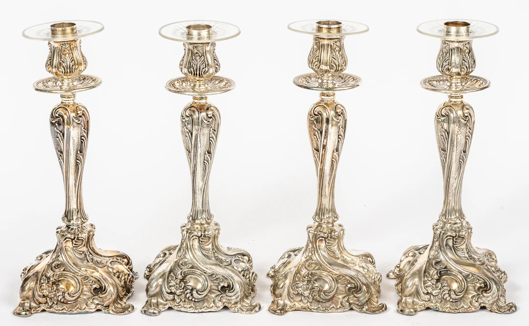 Lot 285: 4 PERUVIAN CAMUSSO ROCOCO-STYLE SILVER CANDLESTICKS