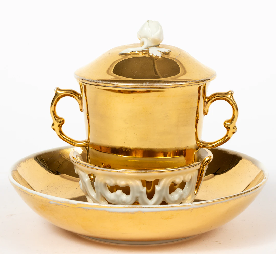 Lot 193: (102) MEISSEN CHOCOLATE CUP WITH TREMBLEUSE SAUCER