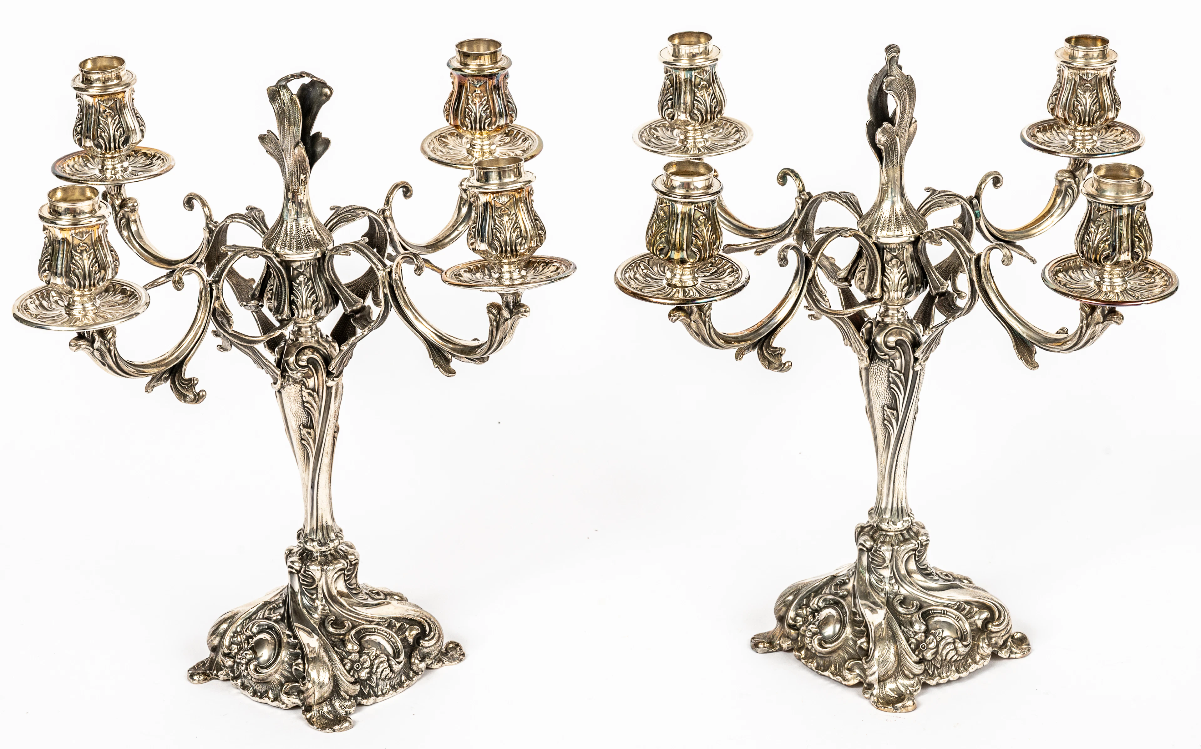 Lot 284: A PAIR OF PERUVIAN CAMUSSO FOUR-ARM CEREMONIAL CANDELABRA