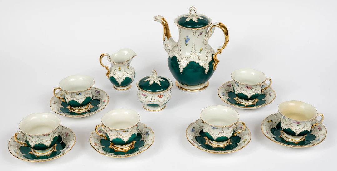 Lot 213: MEISSEN RUSSIAN GREEN COFFEE SERVICE WITH SCATTERED FLORAL