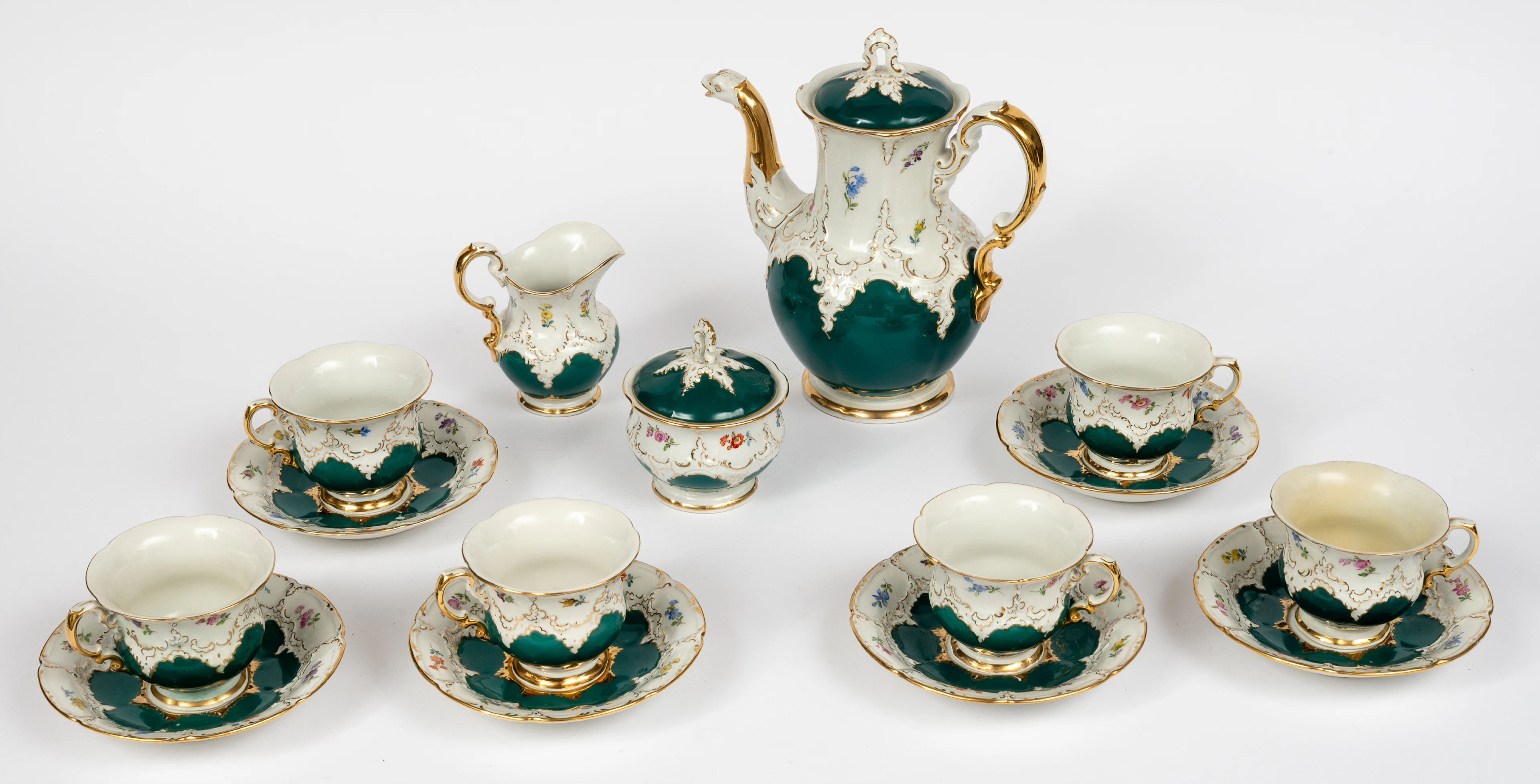 Lot 213: MEISSEN RUSSIAN GREEN COFFEE SERVICE WITH SCATTERED FLORAL