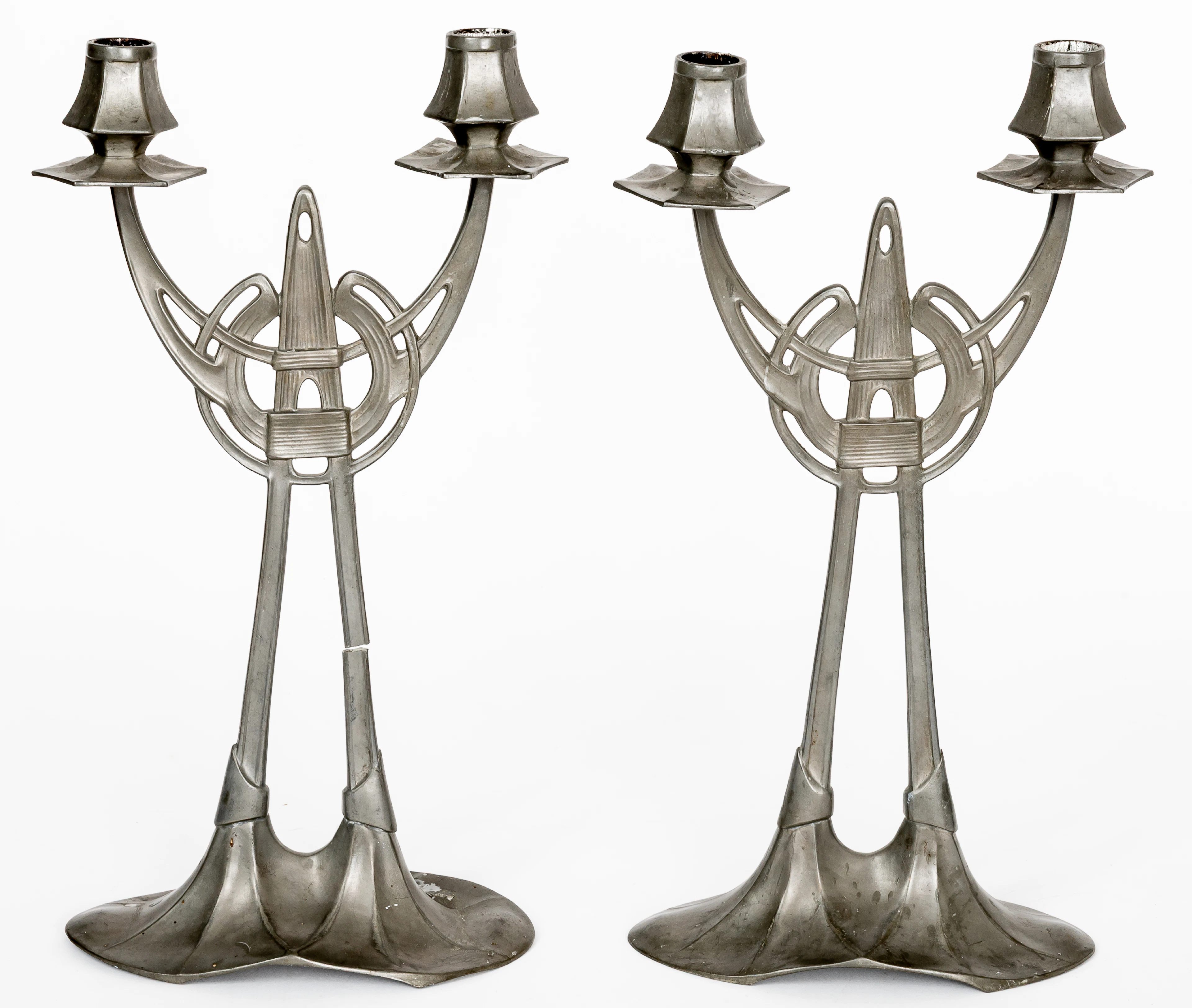 Lot 365: A PAIR OF TWO-LIGHT PEWTERART NOUVEAU CANDLESTICKS