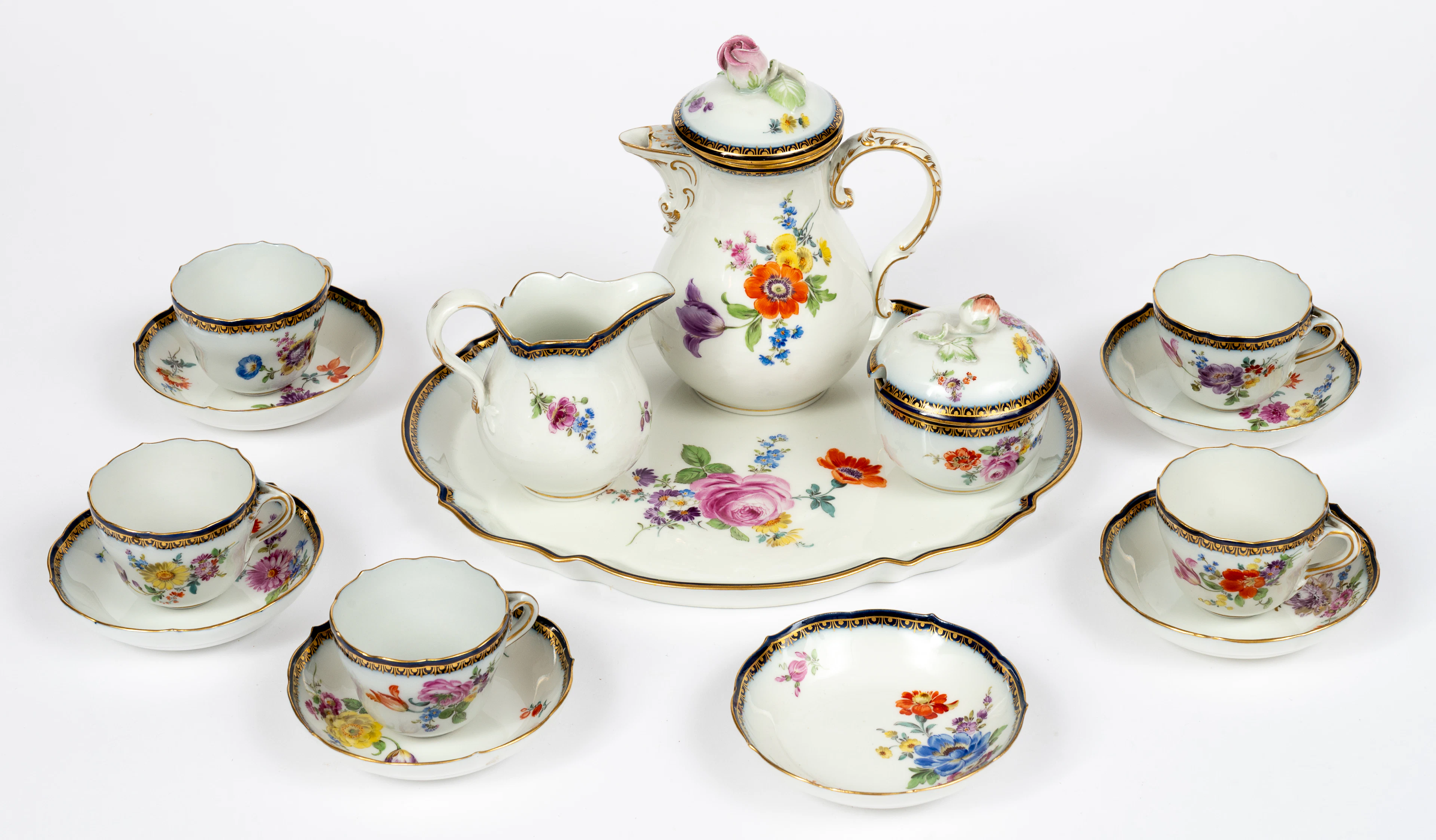 Lot 217: (125-1) MEISSEN MOCHA SERVICE WITH FLORAL DECOR AND ELEGANT BORDER