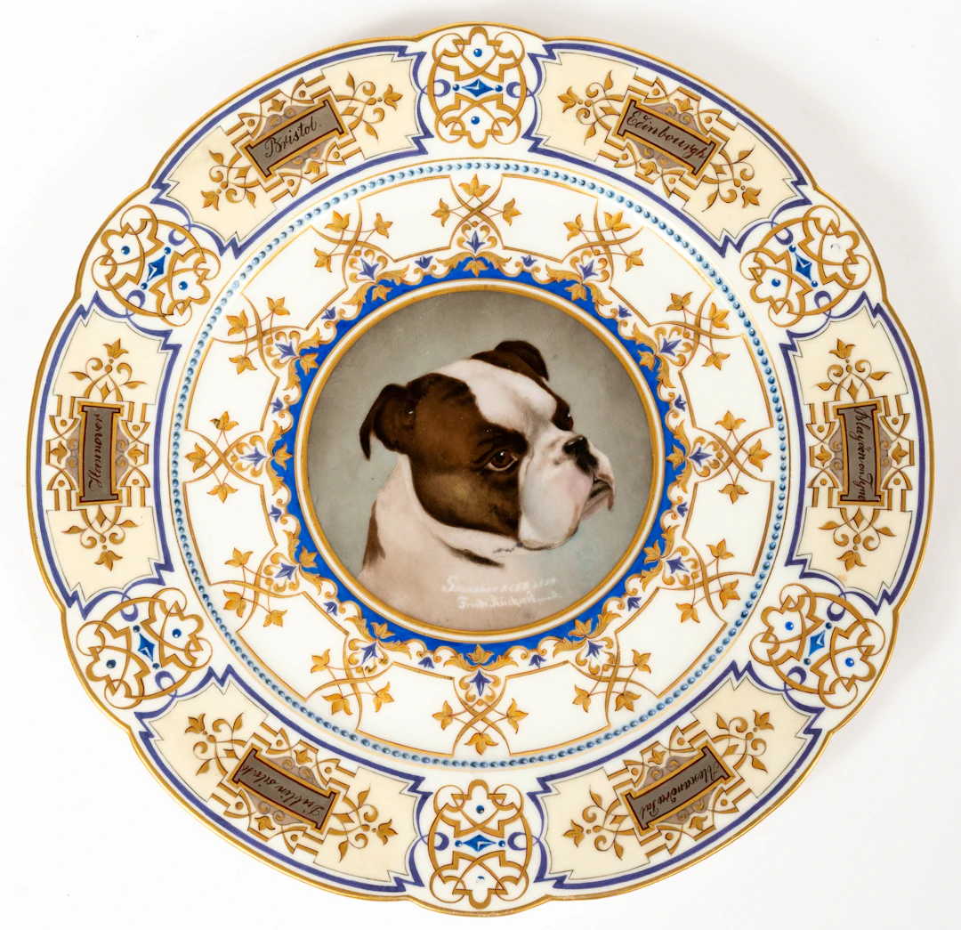 Lot 163: (6) DECORATIVE PORCELAIN PLATE SHOWING A BULLDOG