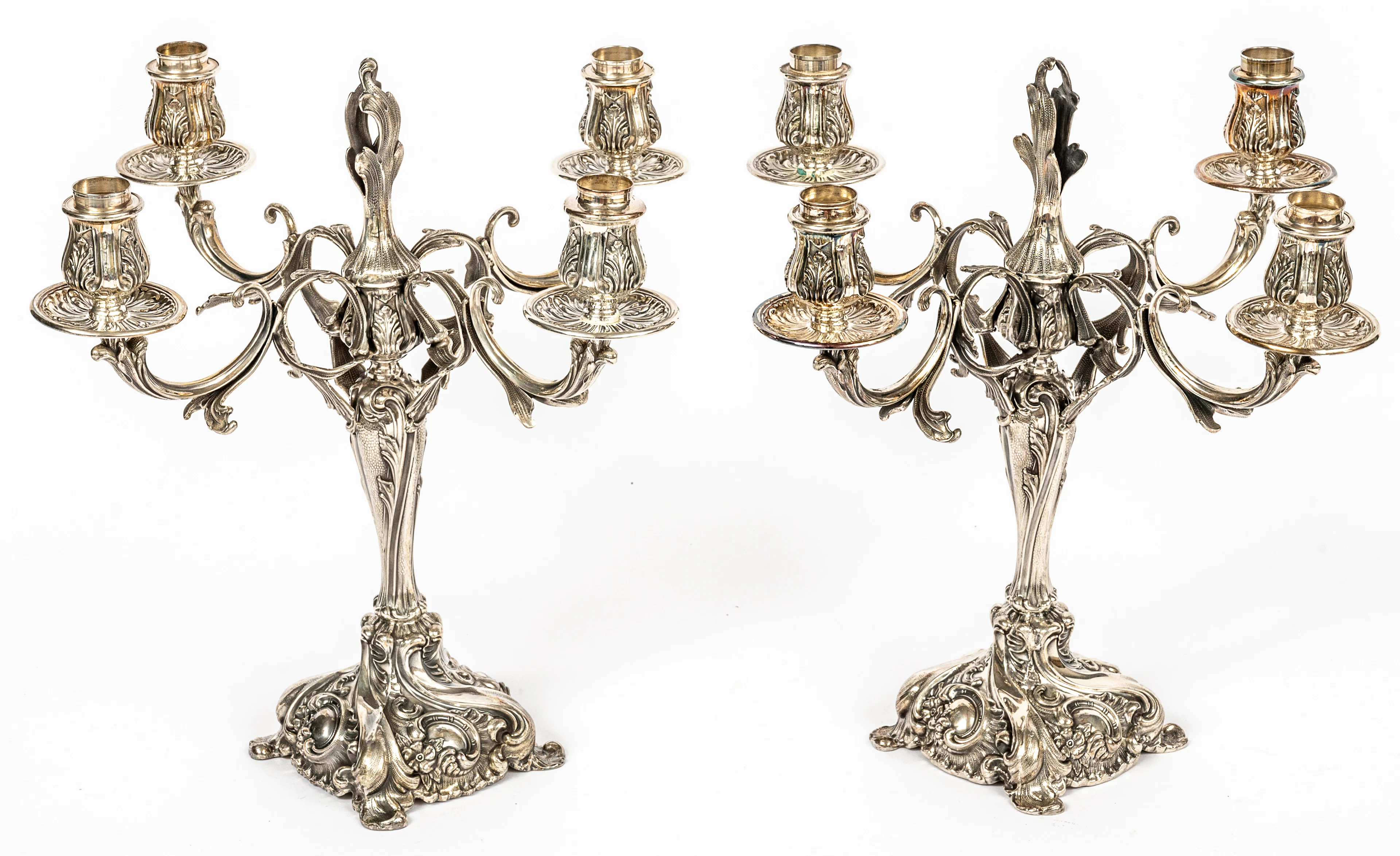 Lot 283: A PAIR OF PERUVIAN CAMUSSO FOUR-ARM CEREMONIAL CANDELABRA