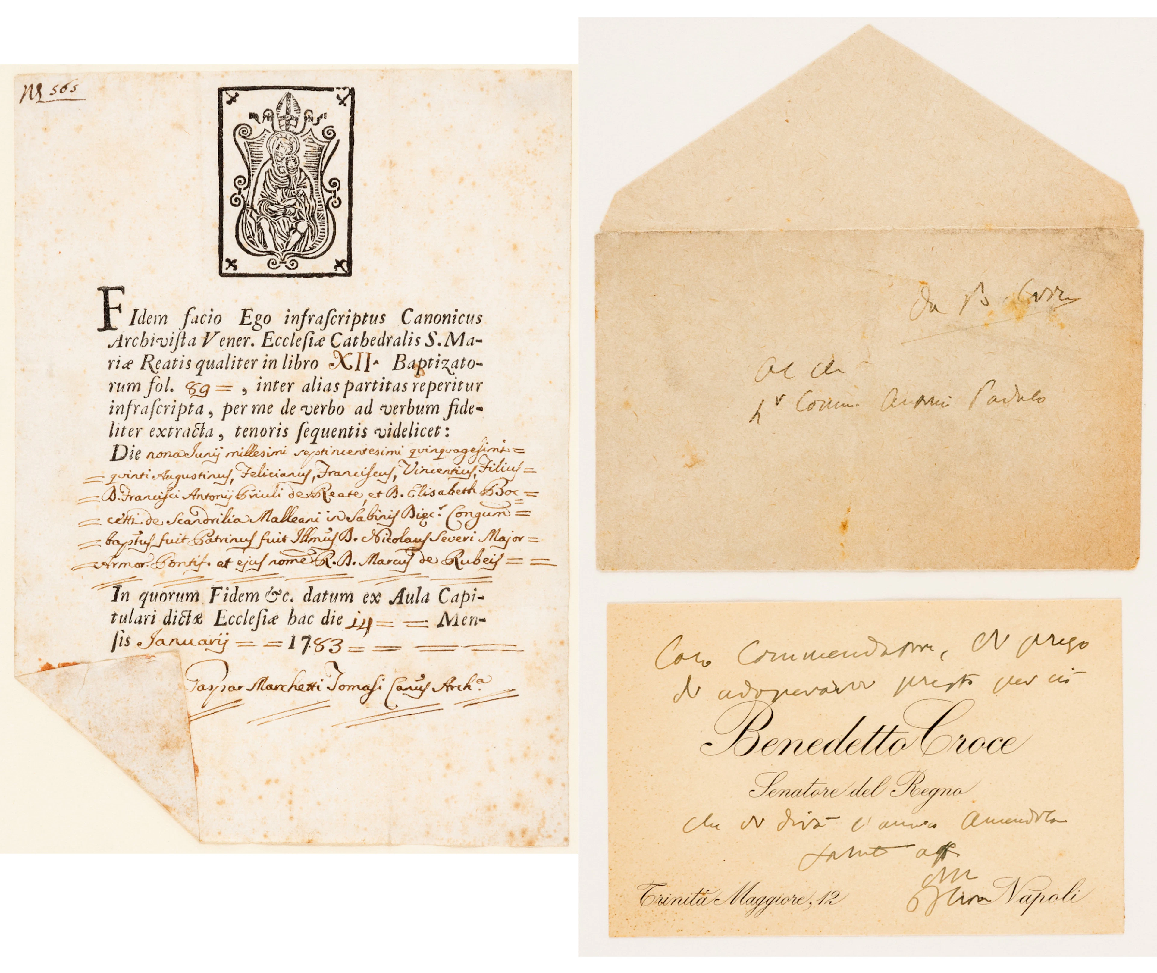 Lot 406: CERTIFIED EXTRACT FROM A BAPTISM REGISTER AND BUSINESS CARD