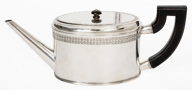 Lot 289: SILVER TEAPOT WITH WOODEN HANDLE
