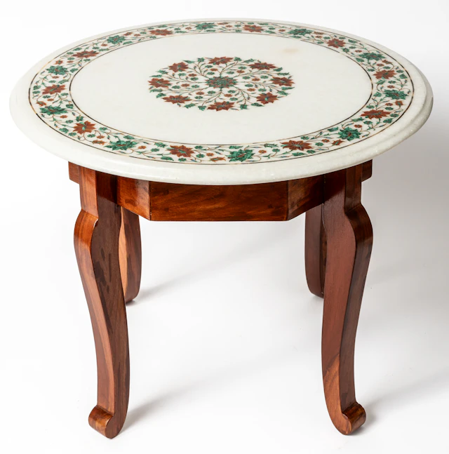 Lot 350: SIDE TABLE WITH MARBLE TIP AND FLORAL STONE INLAYS