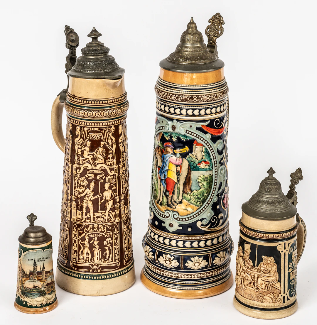 Lot 117: 4 BEER MUGS WITH PEWTER LIDS