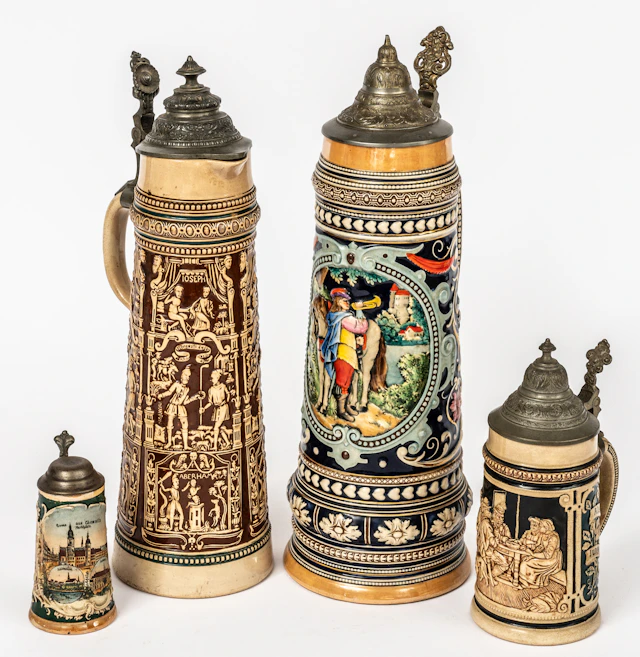Lot 117: 4 BEER MUGS WITH PEWTER LIDS