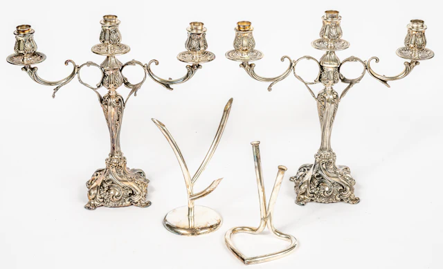 Lot 281: A PAIR OF PERUVANIAN CAMUSSO ROCOCO-STYLE CANDELABRA AND