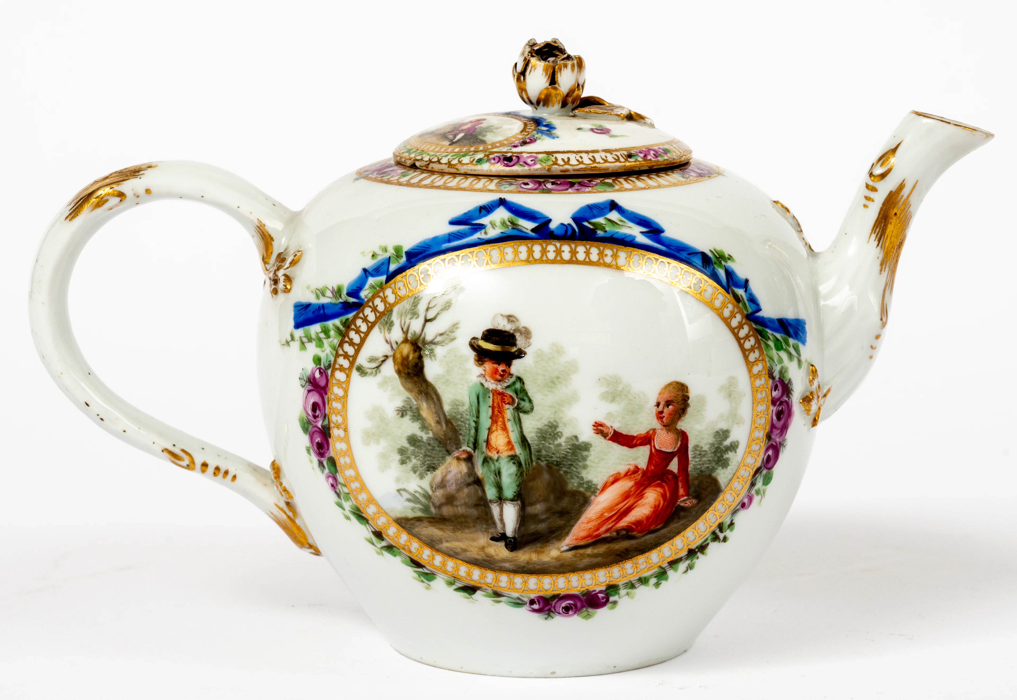 Lot 149: (98) MEISSEN PORCELAIN TEAPORT SHOWING GALLANT SCENES