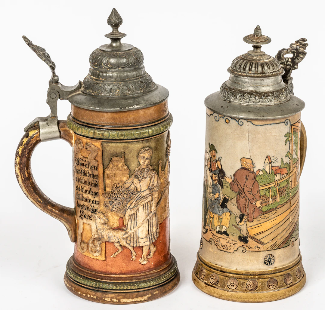 Lot 118: (10,25) 2 HAUBER & REUTHER BEER MUGS WITH PEWTER LIDS
