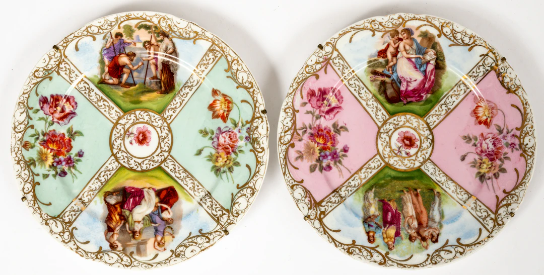 Lot 155: (2,3) 2 DECORATIVE PLATES WITH MYTHOLOGICAL SCENES AND FLORAL DECOR