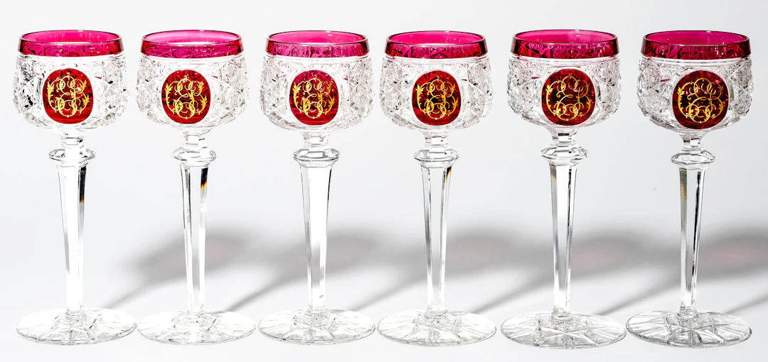 Lot 98: (19) SET OF 6 MONOGRAMMED WINE GLASSES