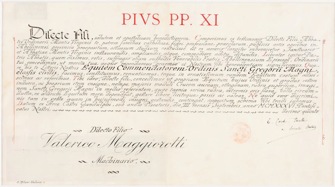 Lot 408: DOCUMENT IN THE NAME OF POPE PIUS XI, SIGNED BY EUGENIO PACELLI