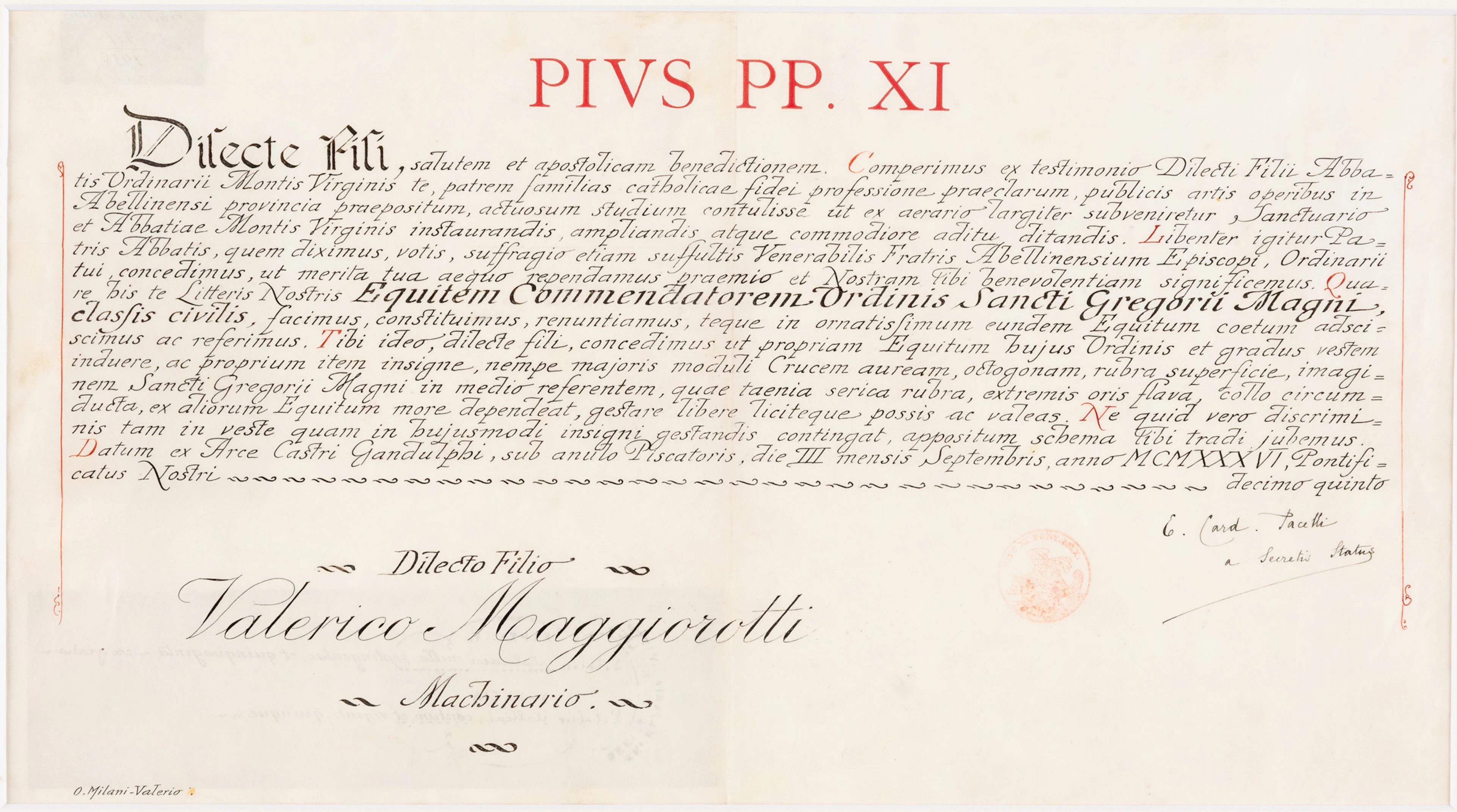 Lot 408: DOCUMENT IN THE NAME OF POPE PIUS XI, SIGNED BY EUGENIO PACELLI