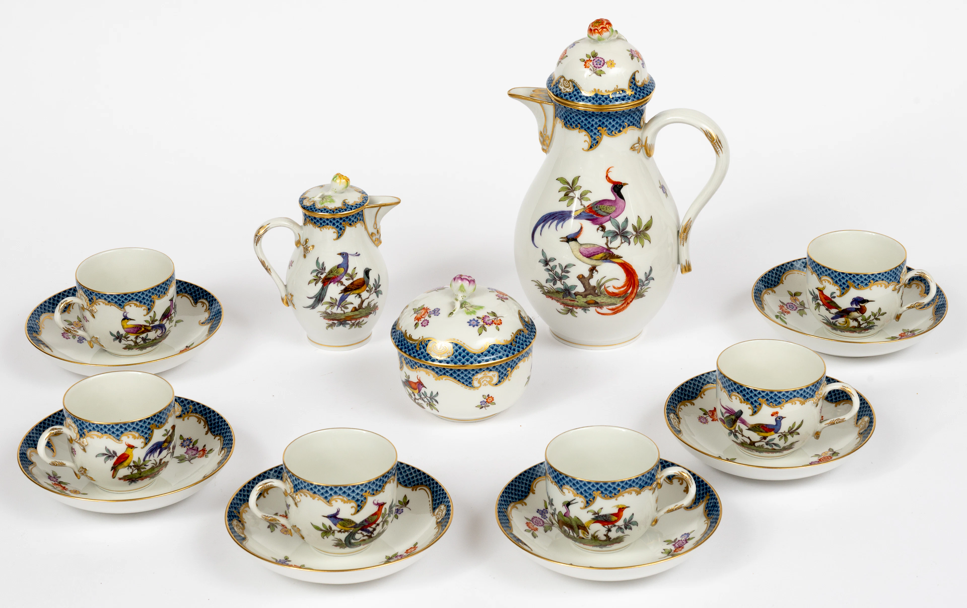 Lot 212: MEISSEN COFFEE SET WITH BIRD DECOR