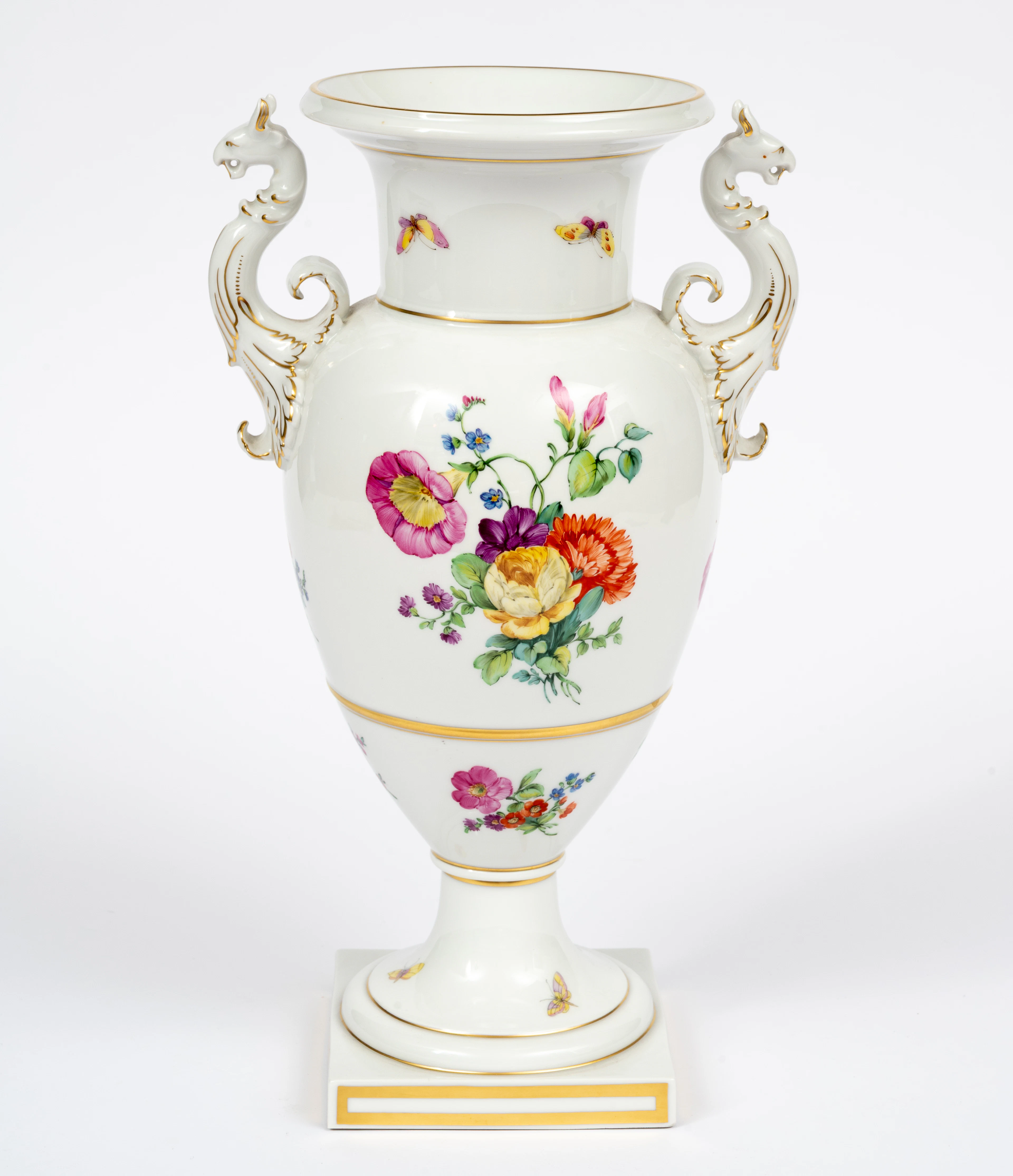 Lot 223: KPM PORCELAIN VASE WITH GRIFFIN HANDLES AND FLORAL DECOR