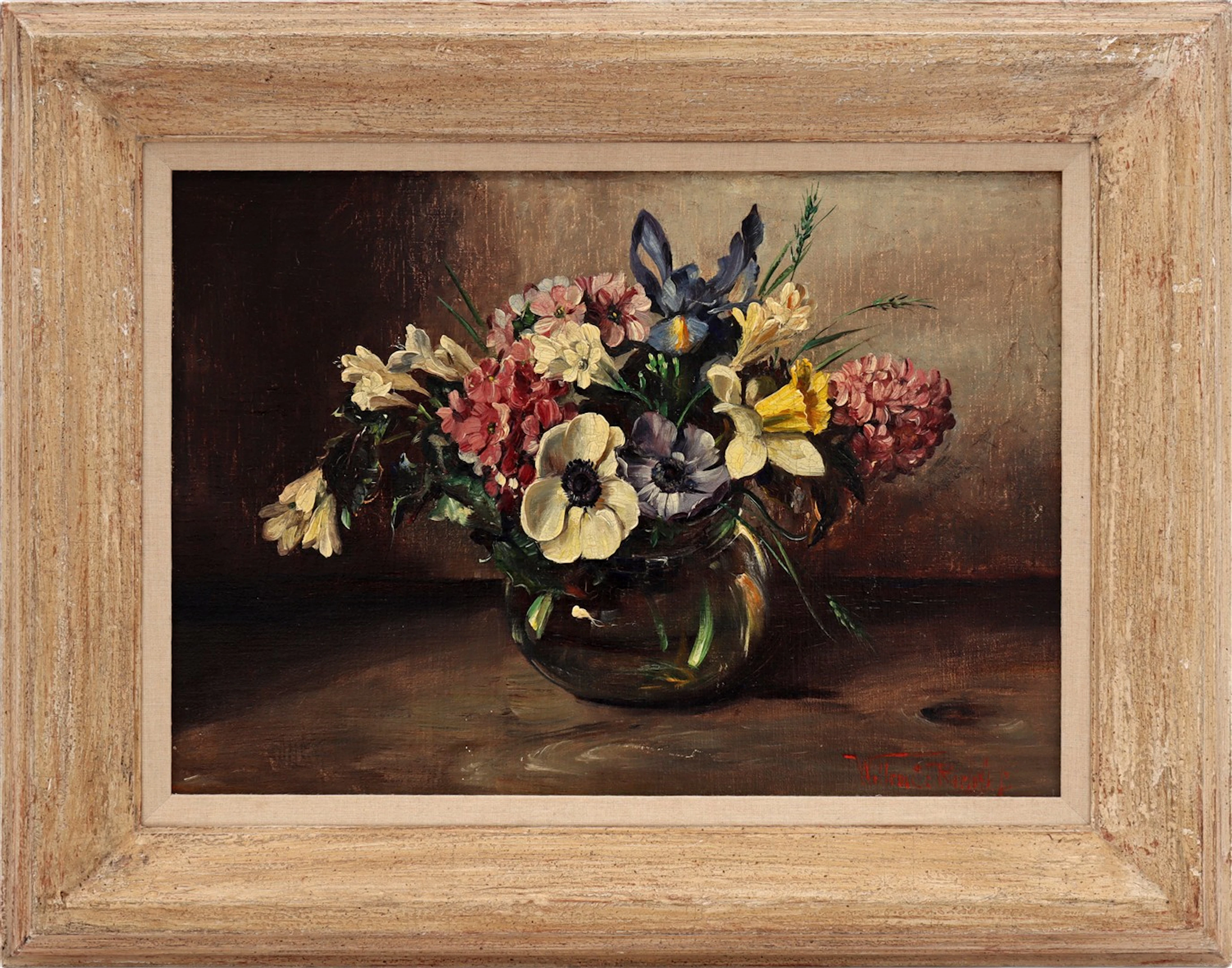 Stilleven van glazen pot met bloemen