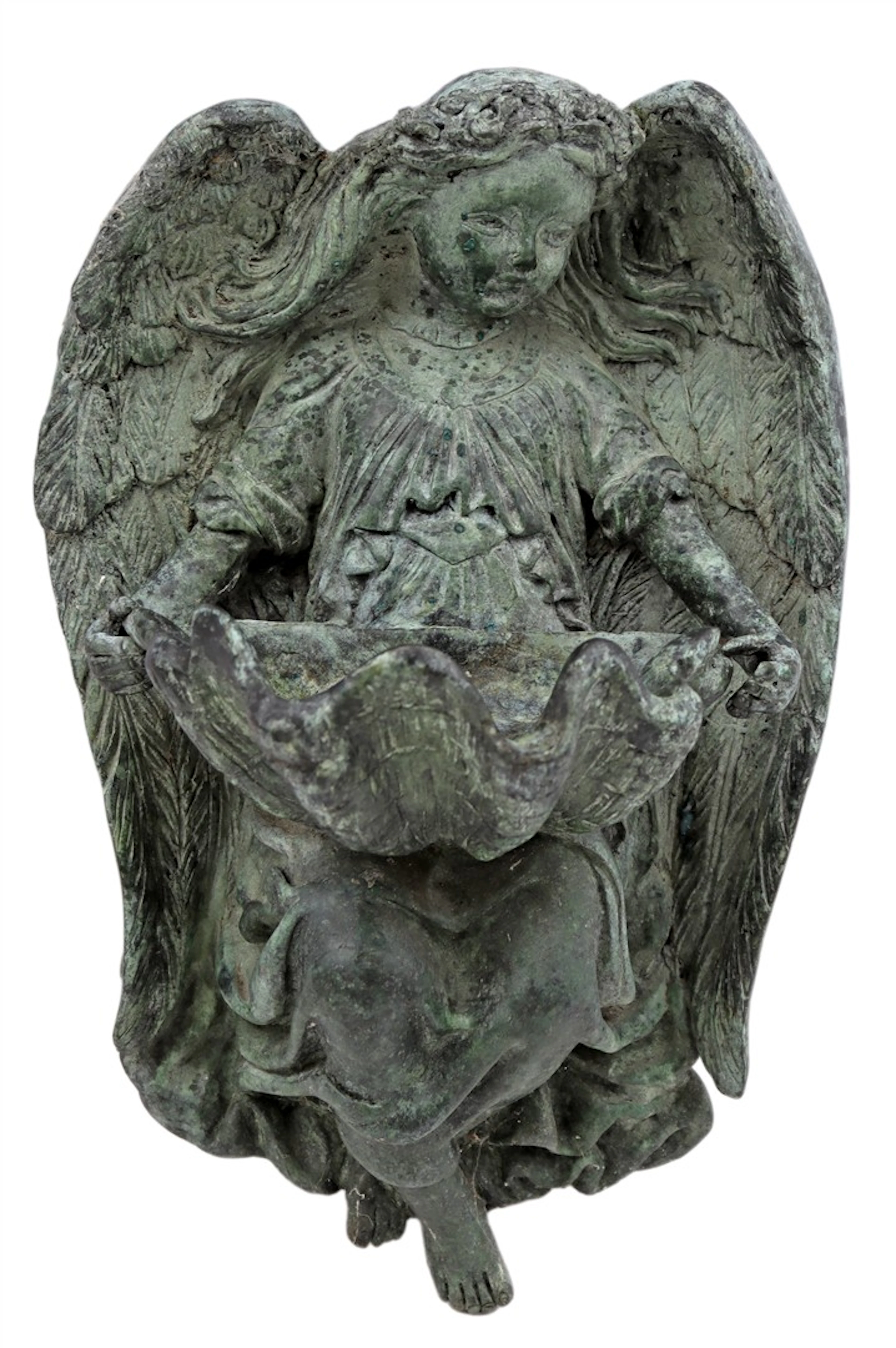 Bronzen wijwaterbakje in de vorm van een engel met doopvontschelp