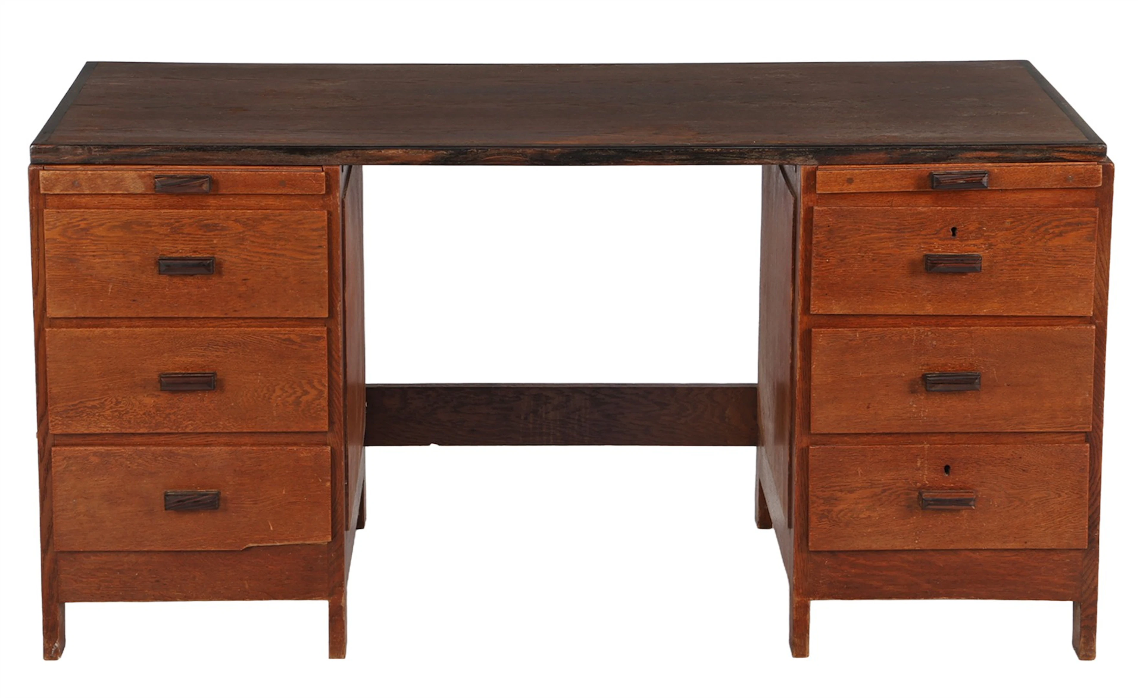 Art Deco eiken 6-laads bureau met 2 uitschuifplateaus en coromandel handvaten