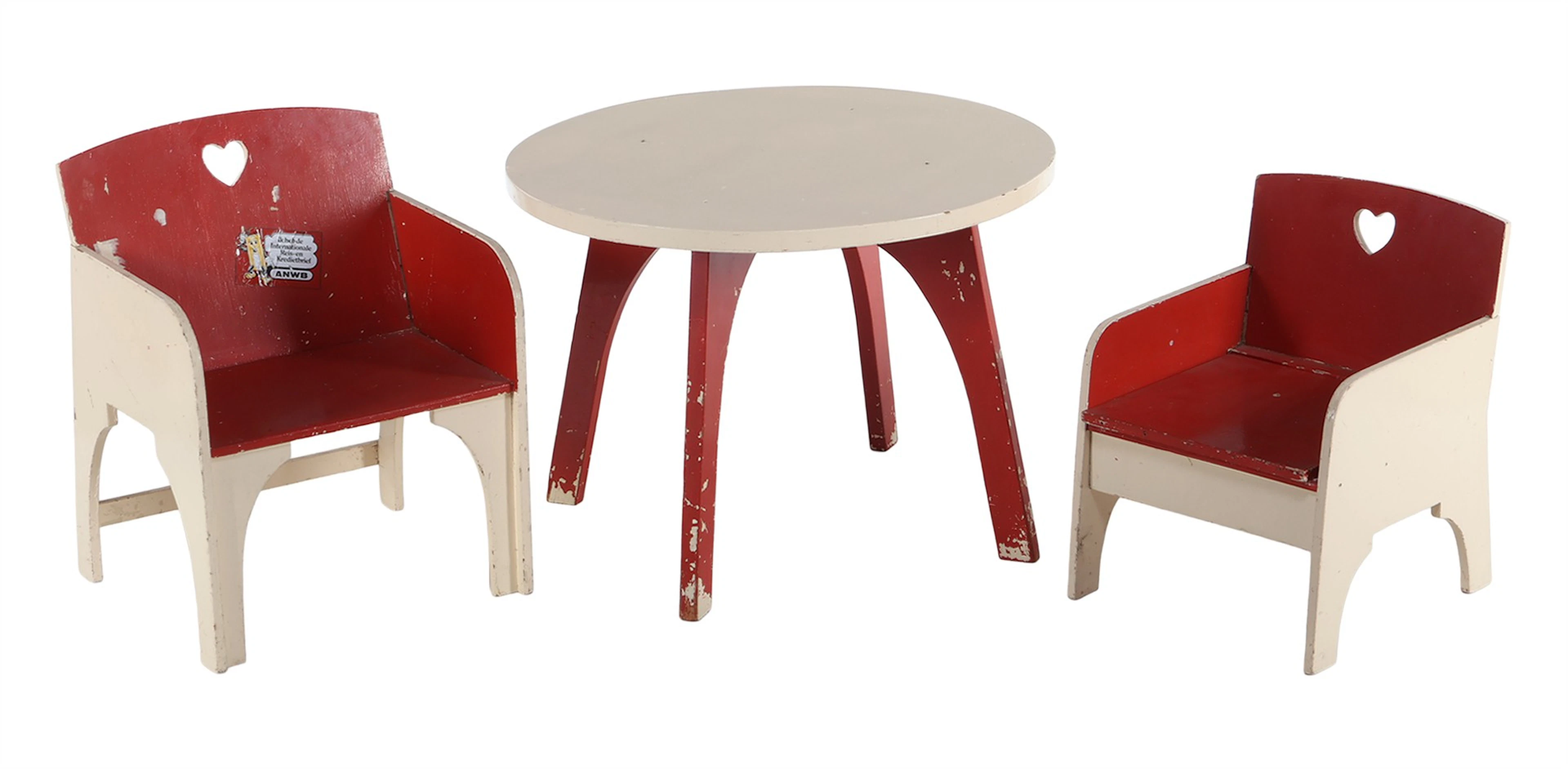 Rood en wit geschilderde houten kinderentafel met 2 stoelen