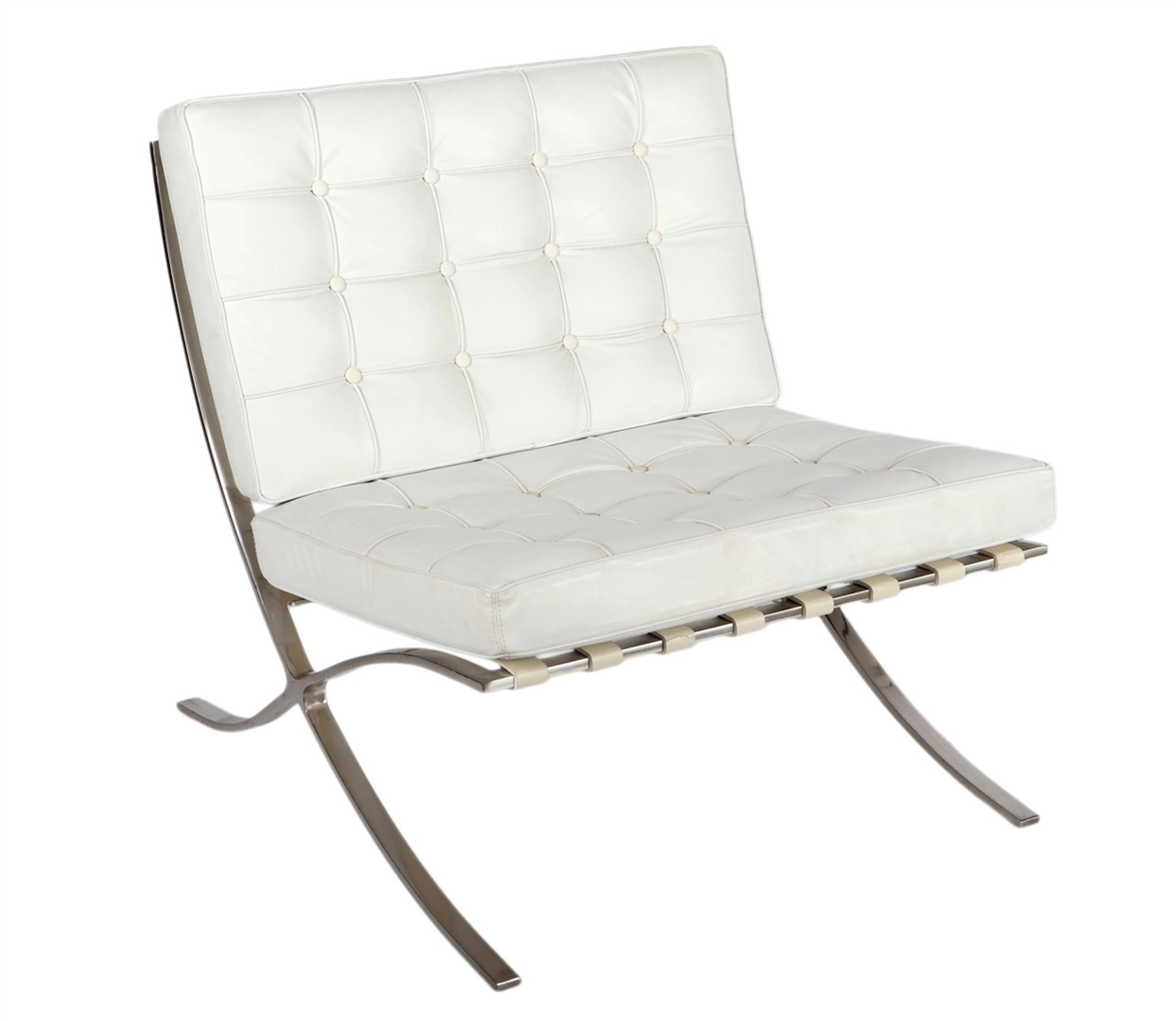 Verchroomd metalen loungestoel met wit lederen kussens in...