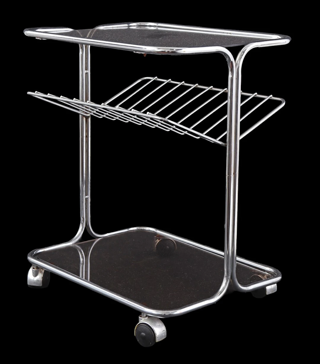 Verchroomd metalen lektuurtafel met rookglazen bladen