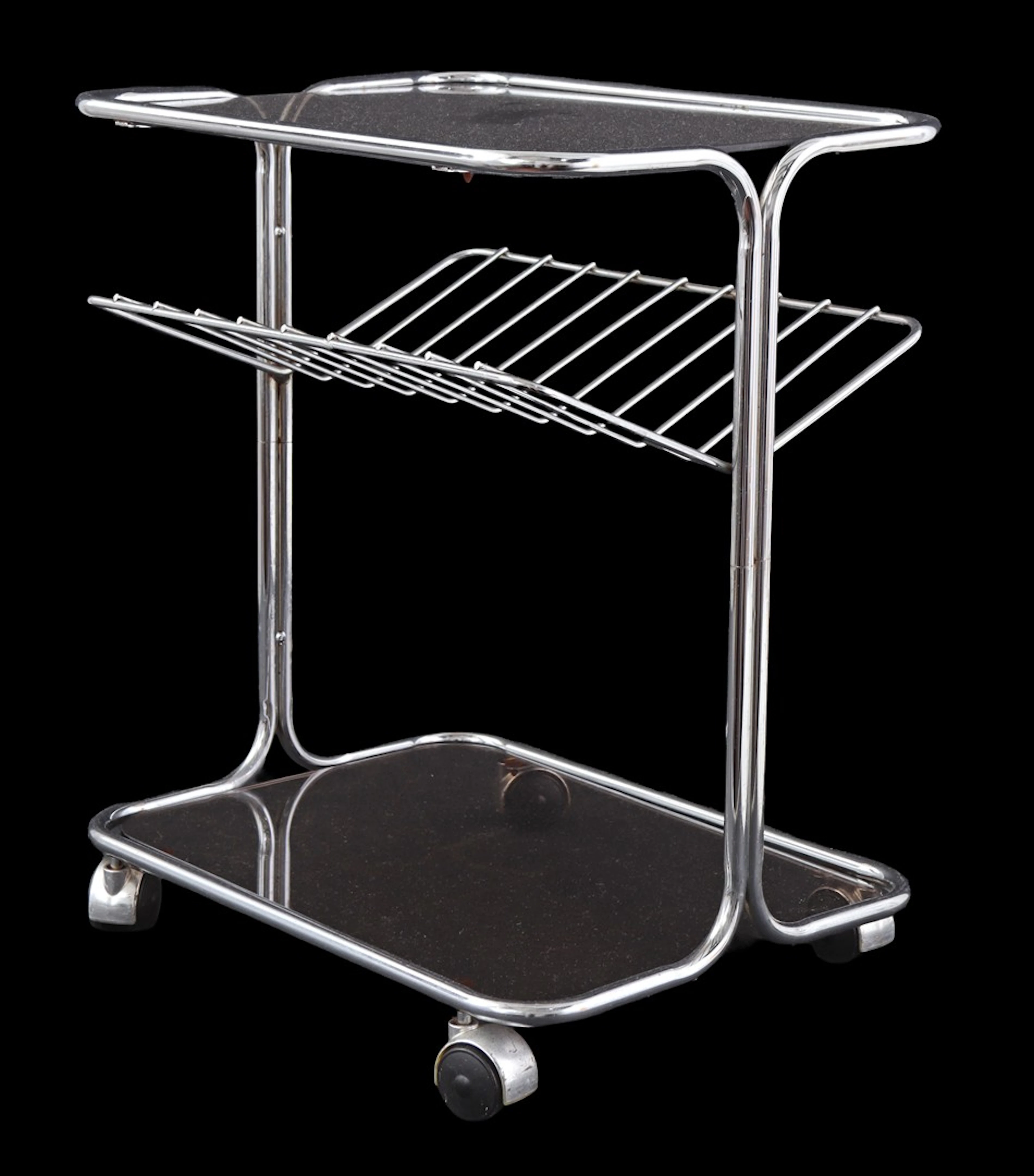 Verchroomd metalen lektuurtafel met rookglazen bladen