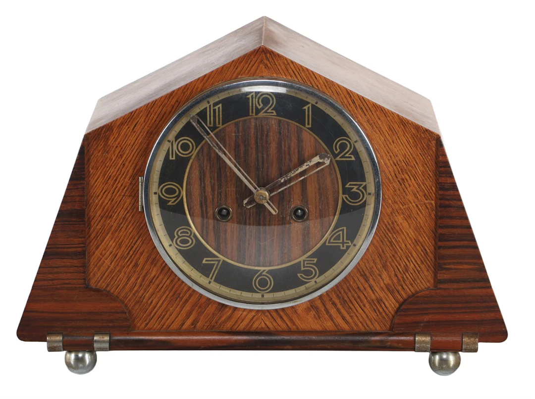 Art Deco Mauthe pendule in eiken en palissander kast