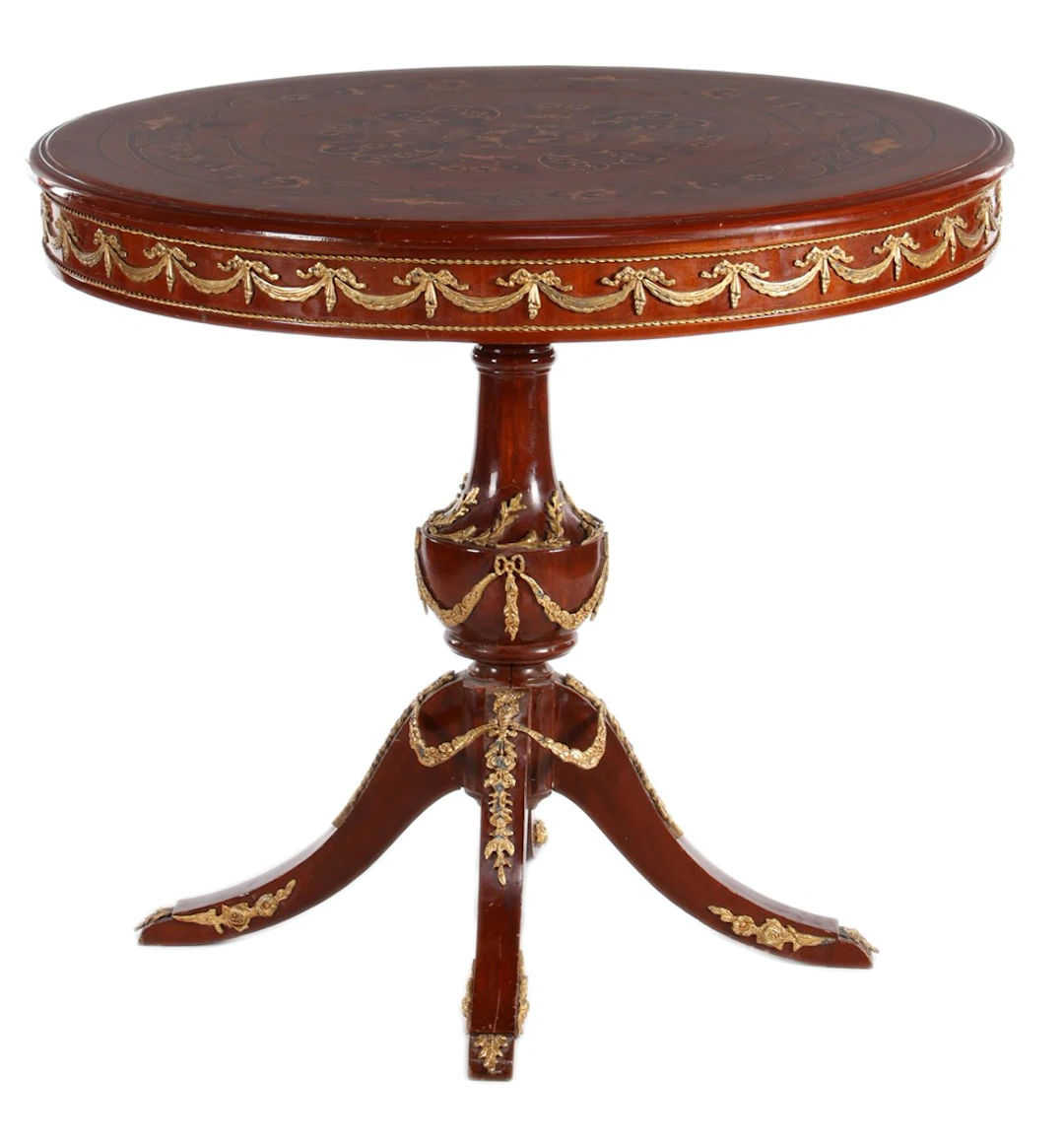 Ronde rozenhouten tafel met inlegwerk in bovenblad