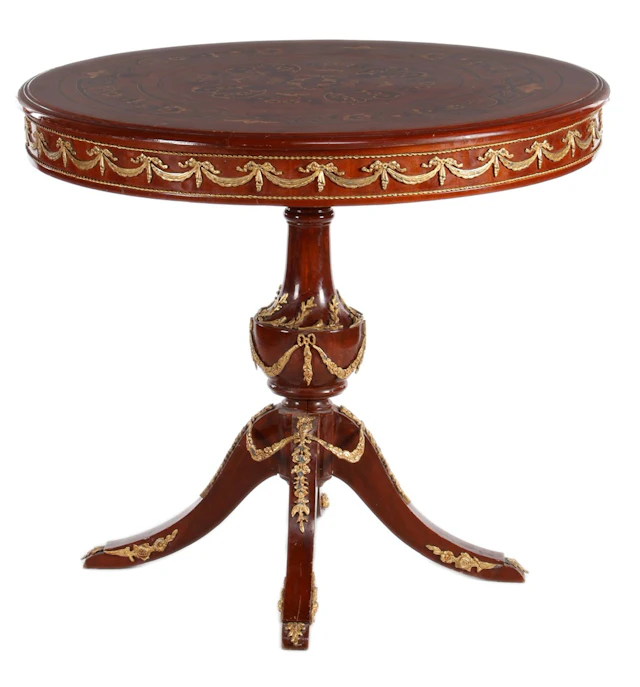 Ronde rozenhouten tafel met inlegwerk in bovenblad