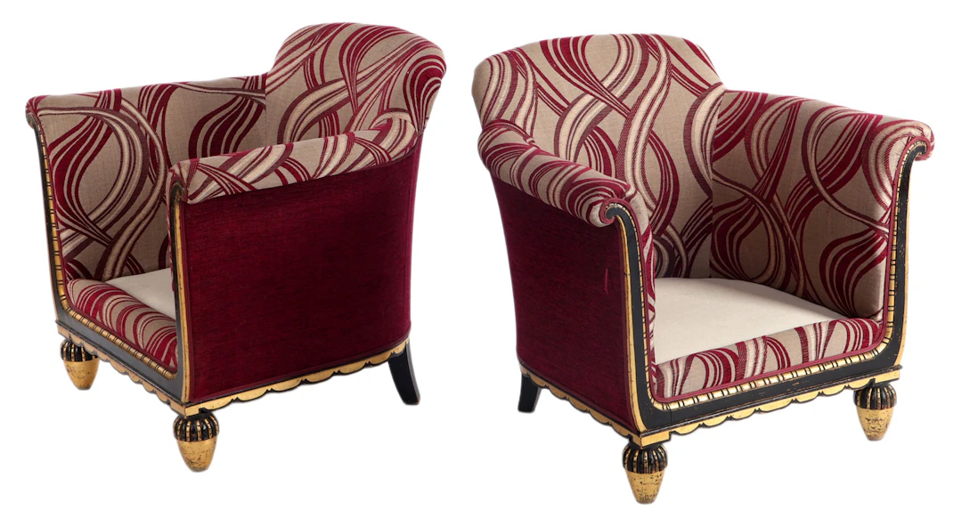 2 Art Deco paars en grijs gestoffeerde fauteuils met...